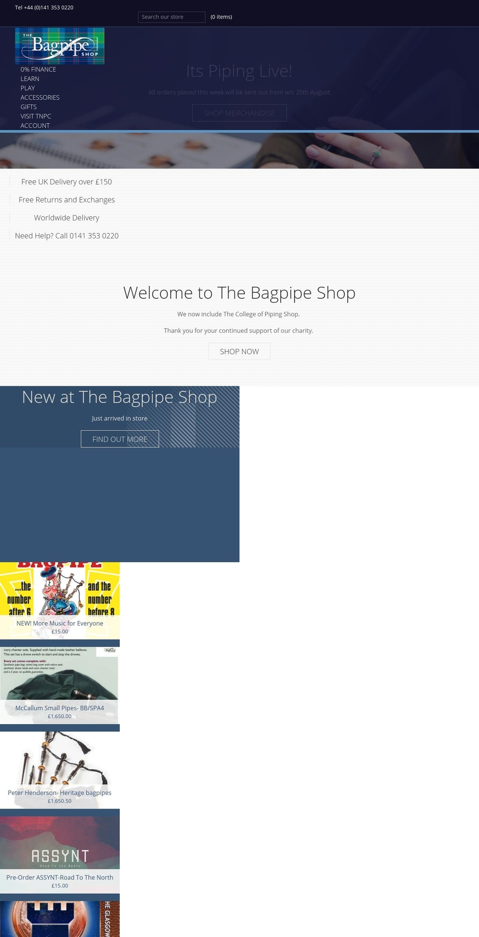 thebagpipeshop.co.uk shopify website screenshot