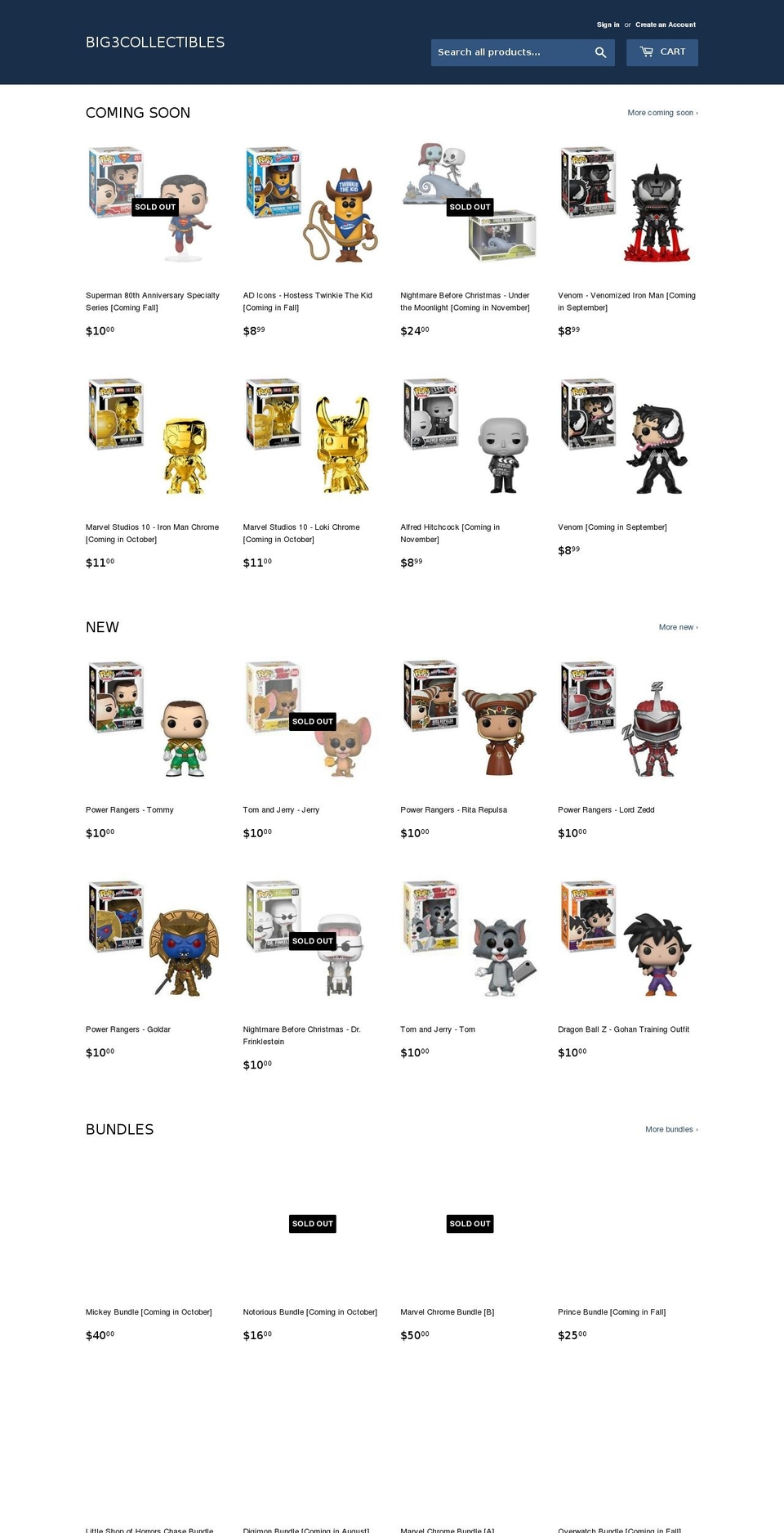 thebig3collectibles-downey.com — Shopify storefront screenshot