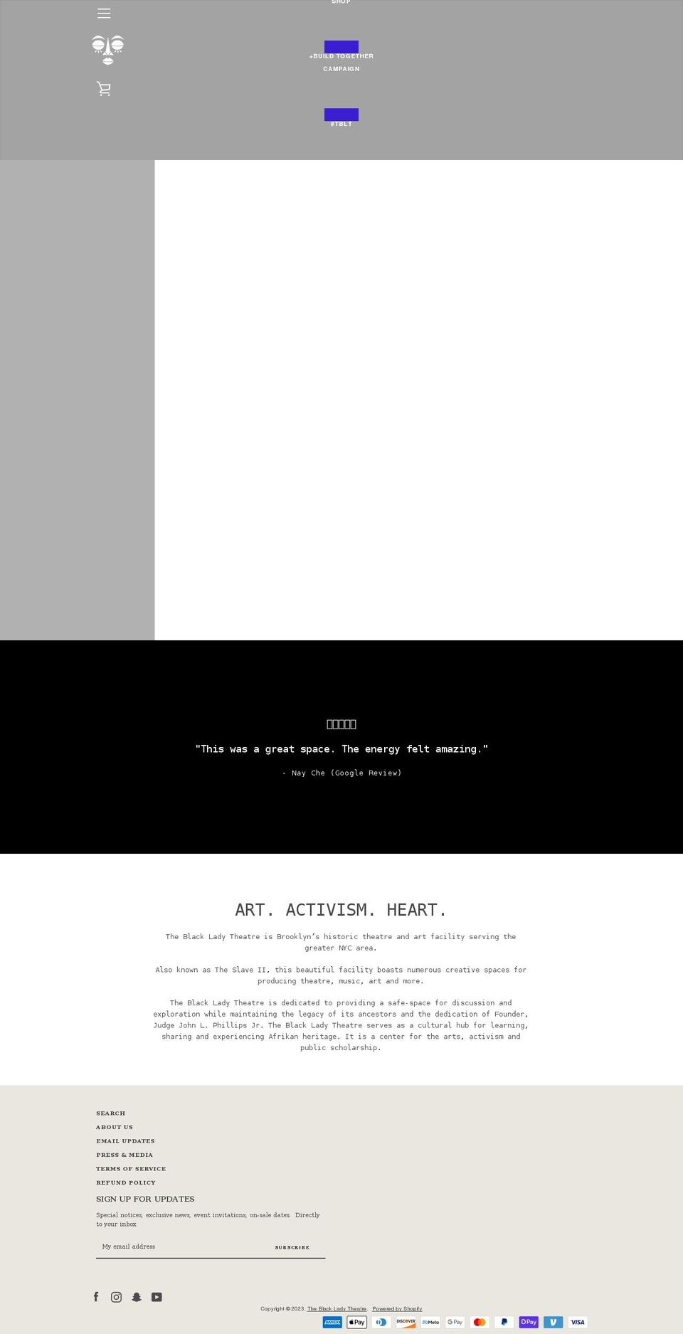 theblackladytheatre.com shopify website screenshot