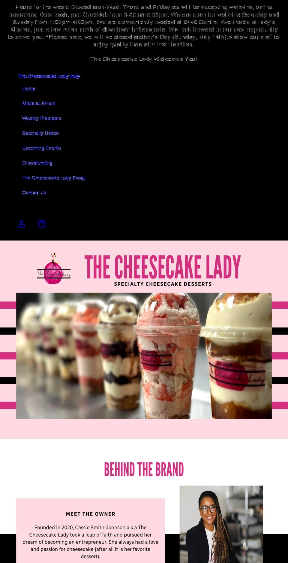 thecheesecakeladyindy.com shopify website screenshot