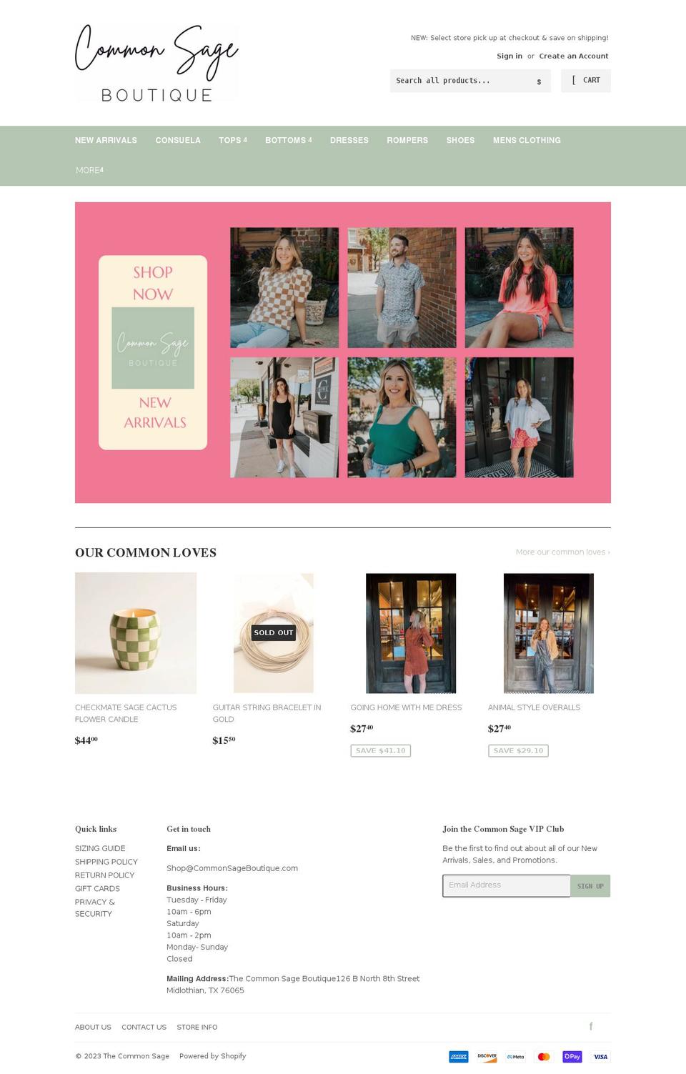 thecommonsageboutique.com shopify website screenshot