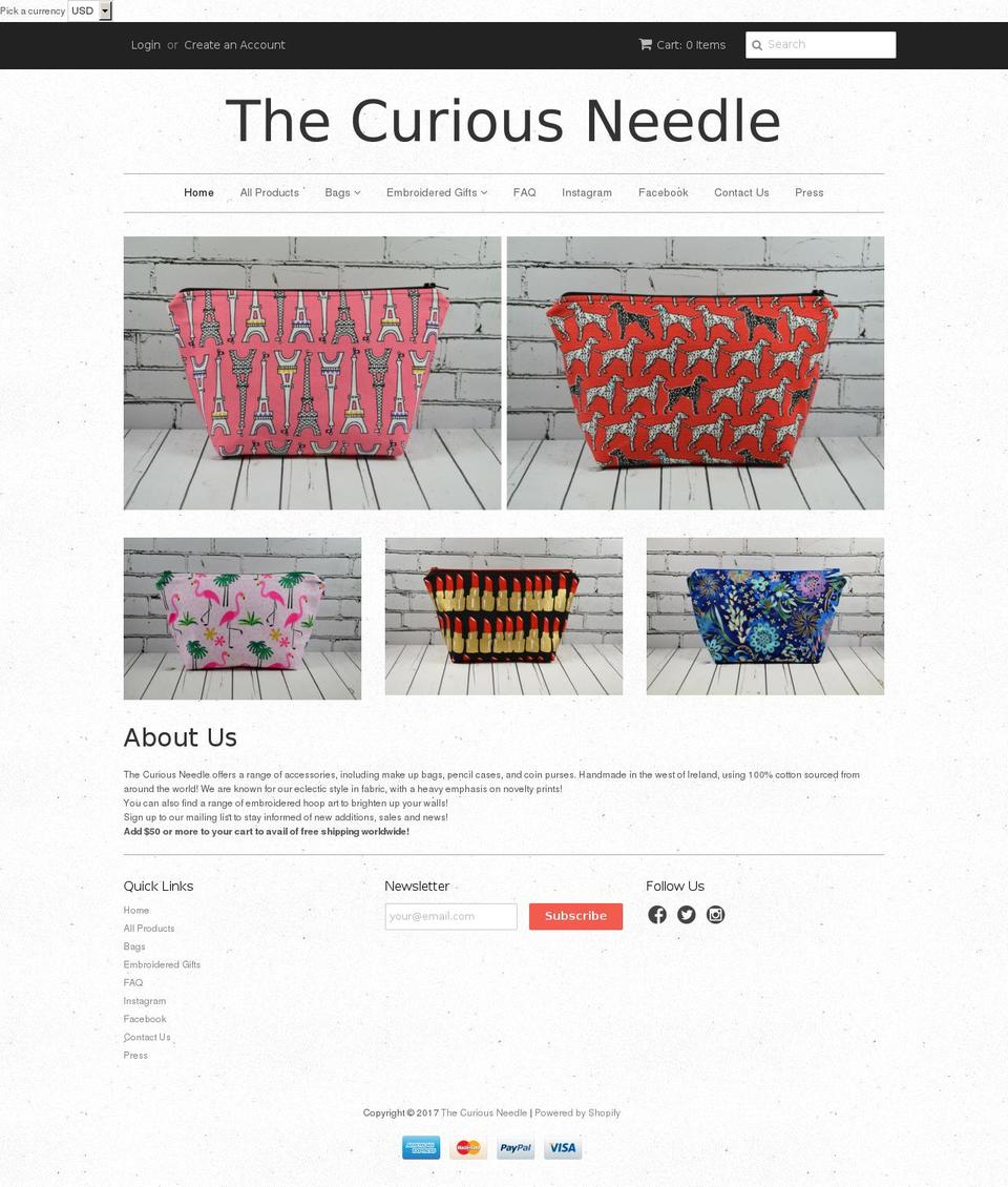 thecuriousneedle.com shopify website screenshot