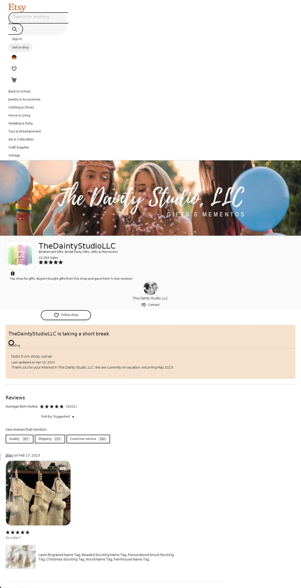 thedaintystudio.com — Shopify storefront screenshot