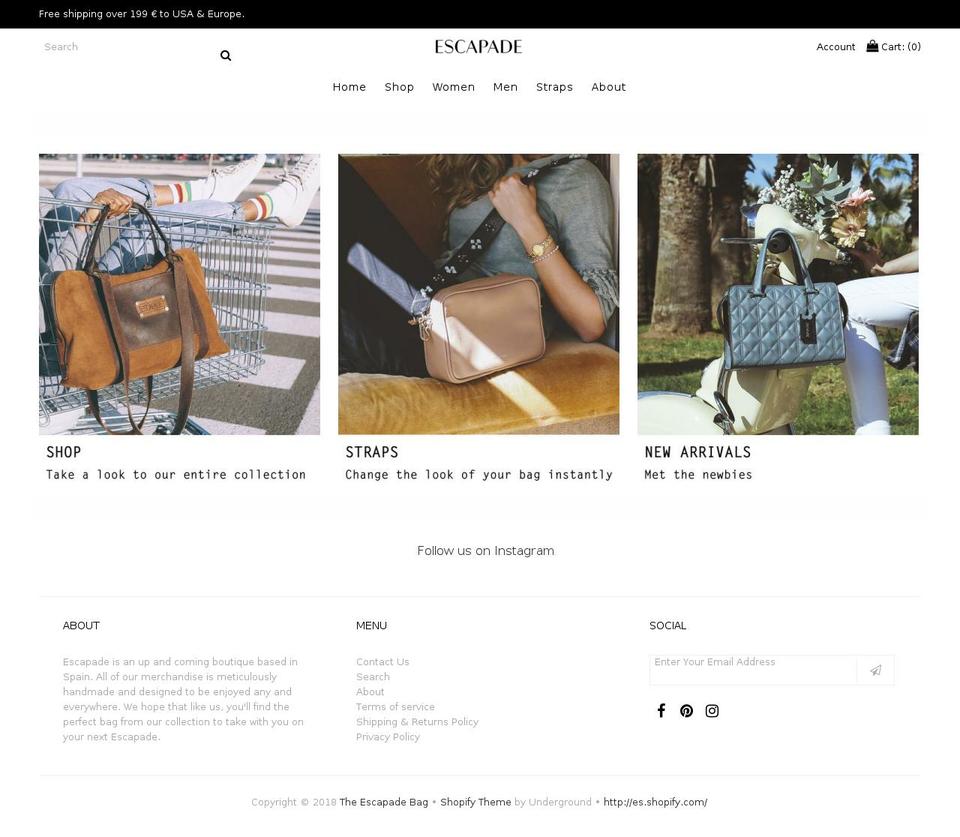 theescapadebag.com shopify website screenshot