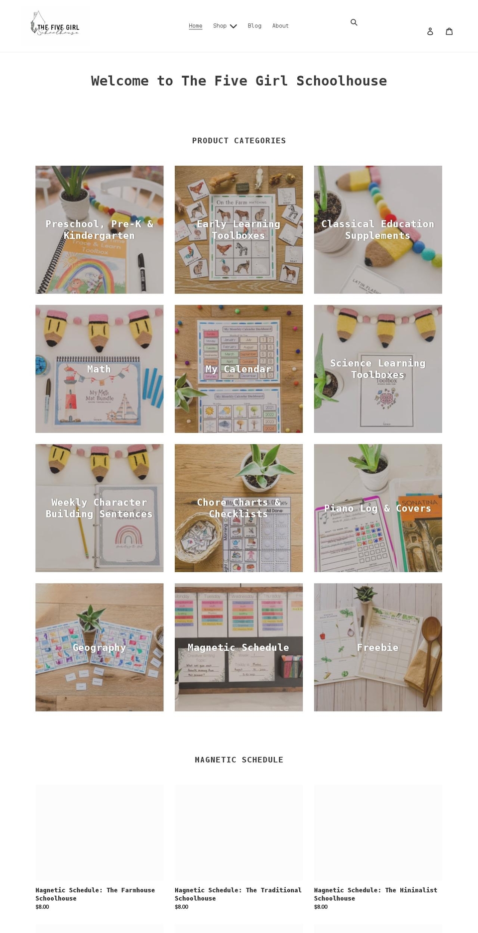 thefivegirlschoolhouse.com shopify website screenshot
