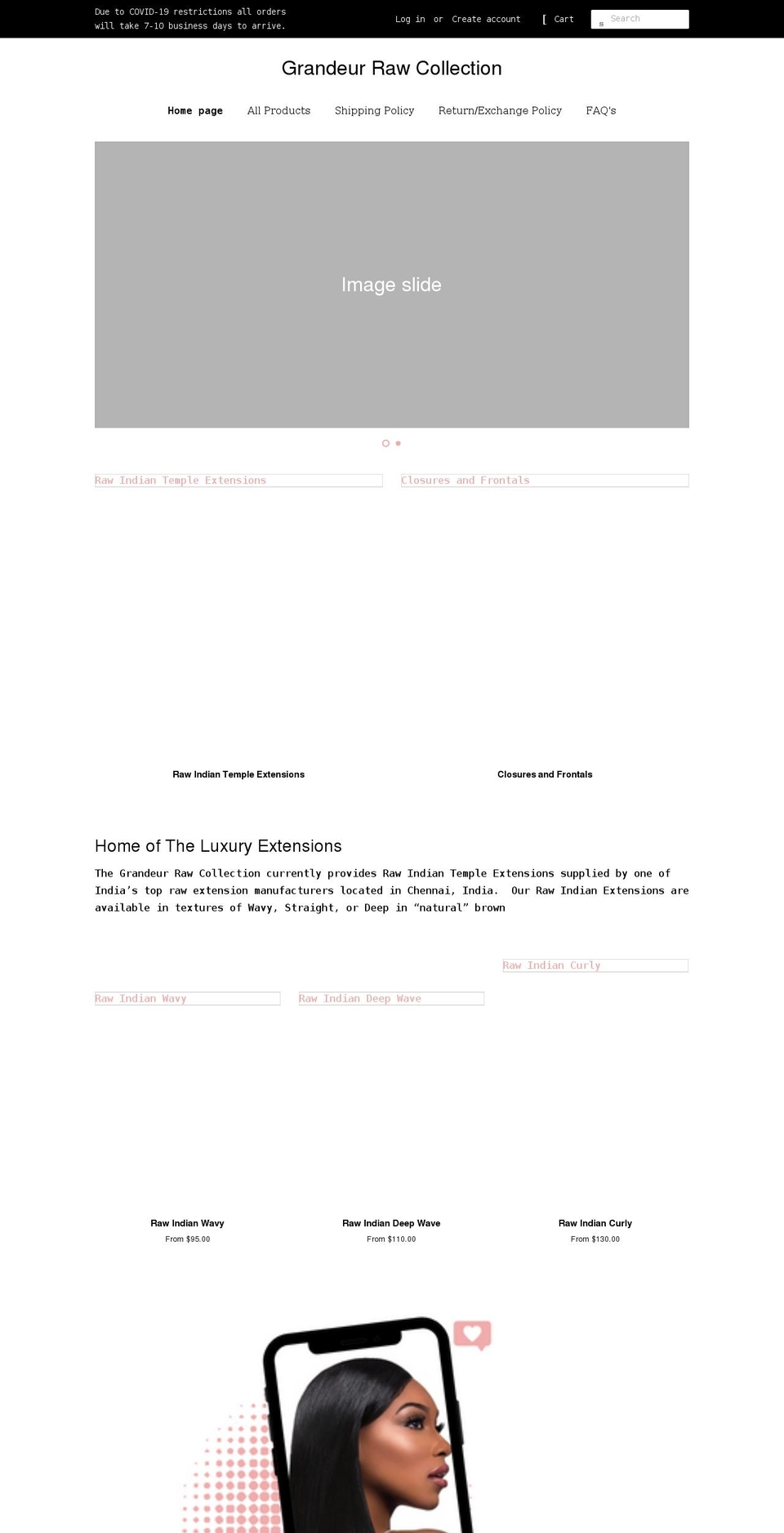 thegrandeurrawcollection.com shopify website screenshot