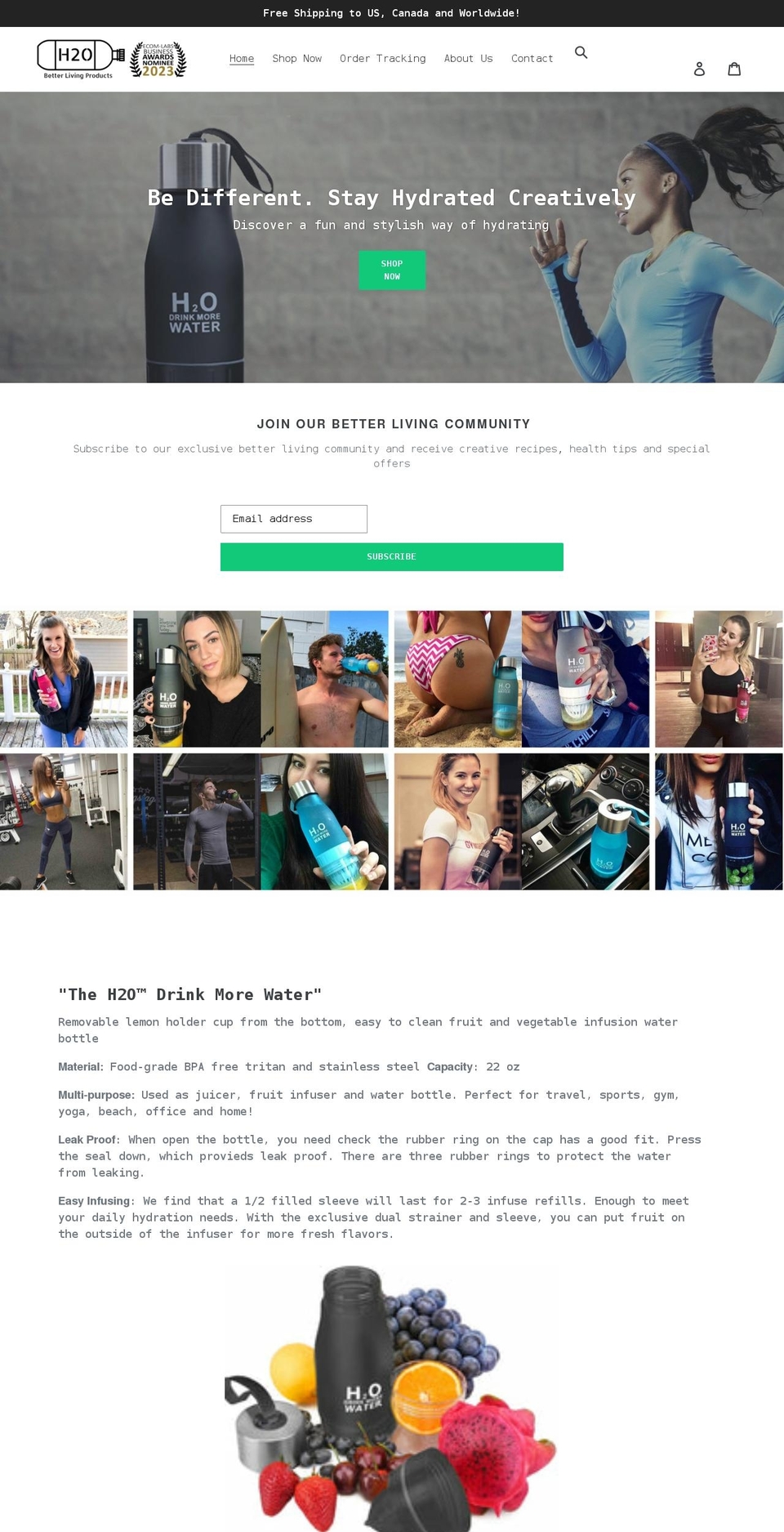 theh2obottles.com shopify website screenshot