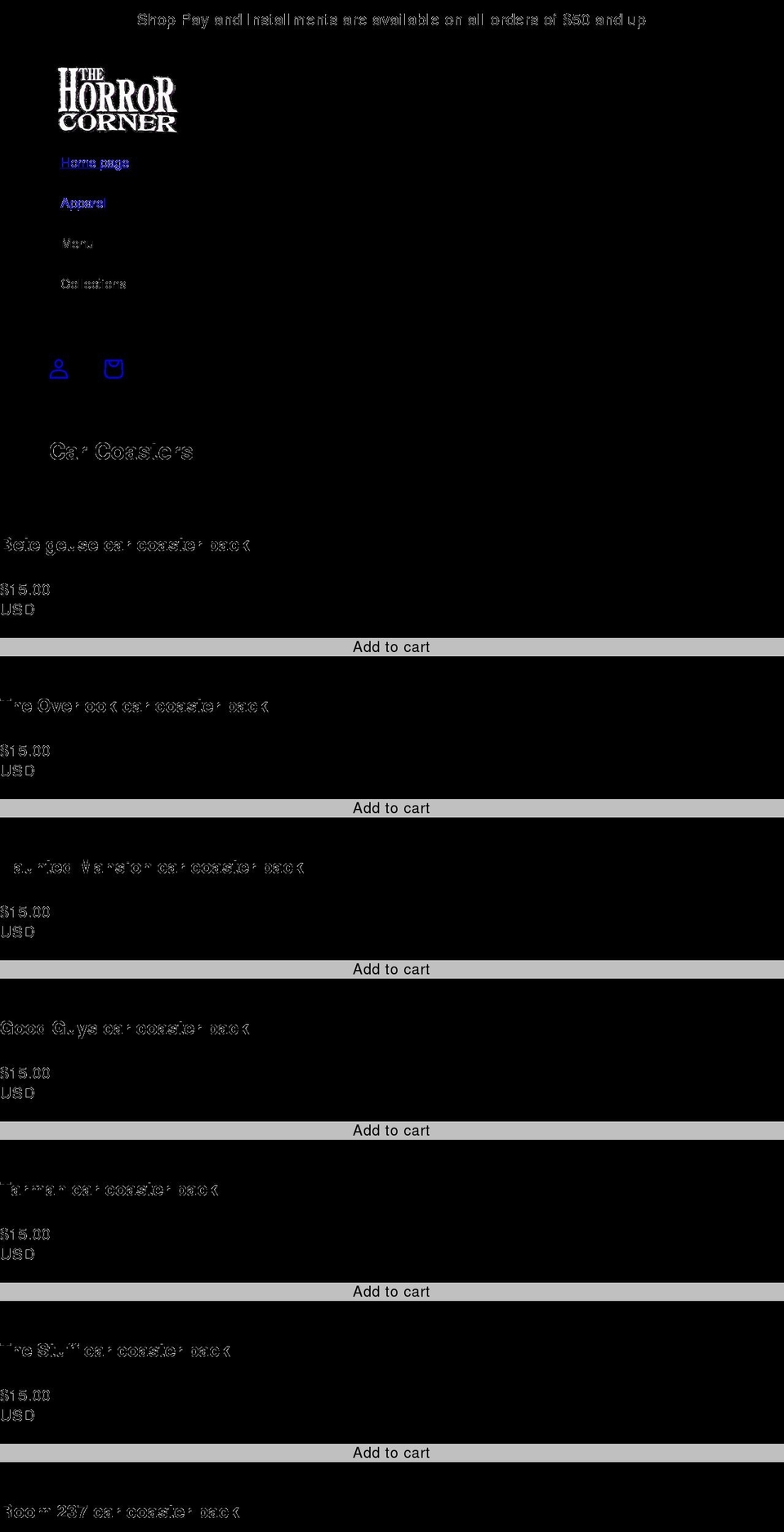 thehorrorcorner.com shopify website screenshot