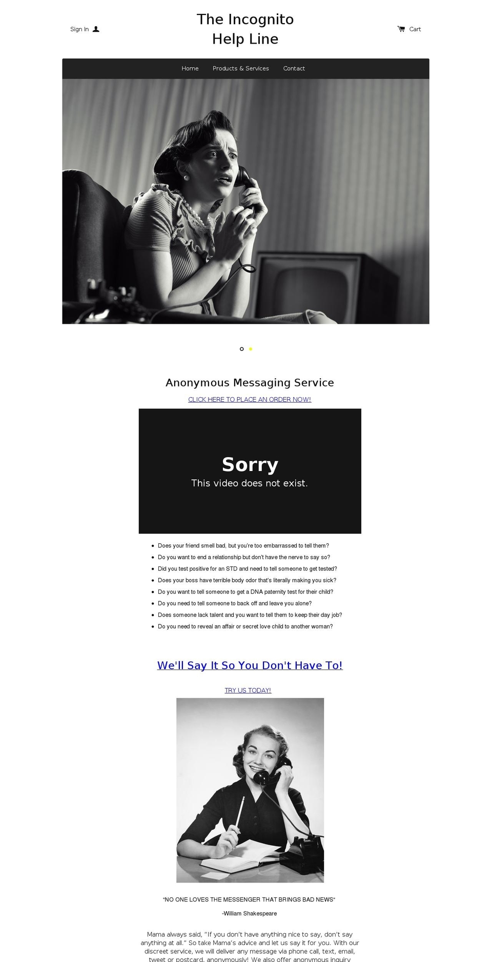 theincognitohelpline.com shopify website screenshot