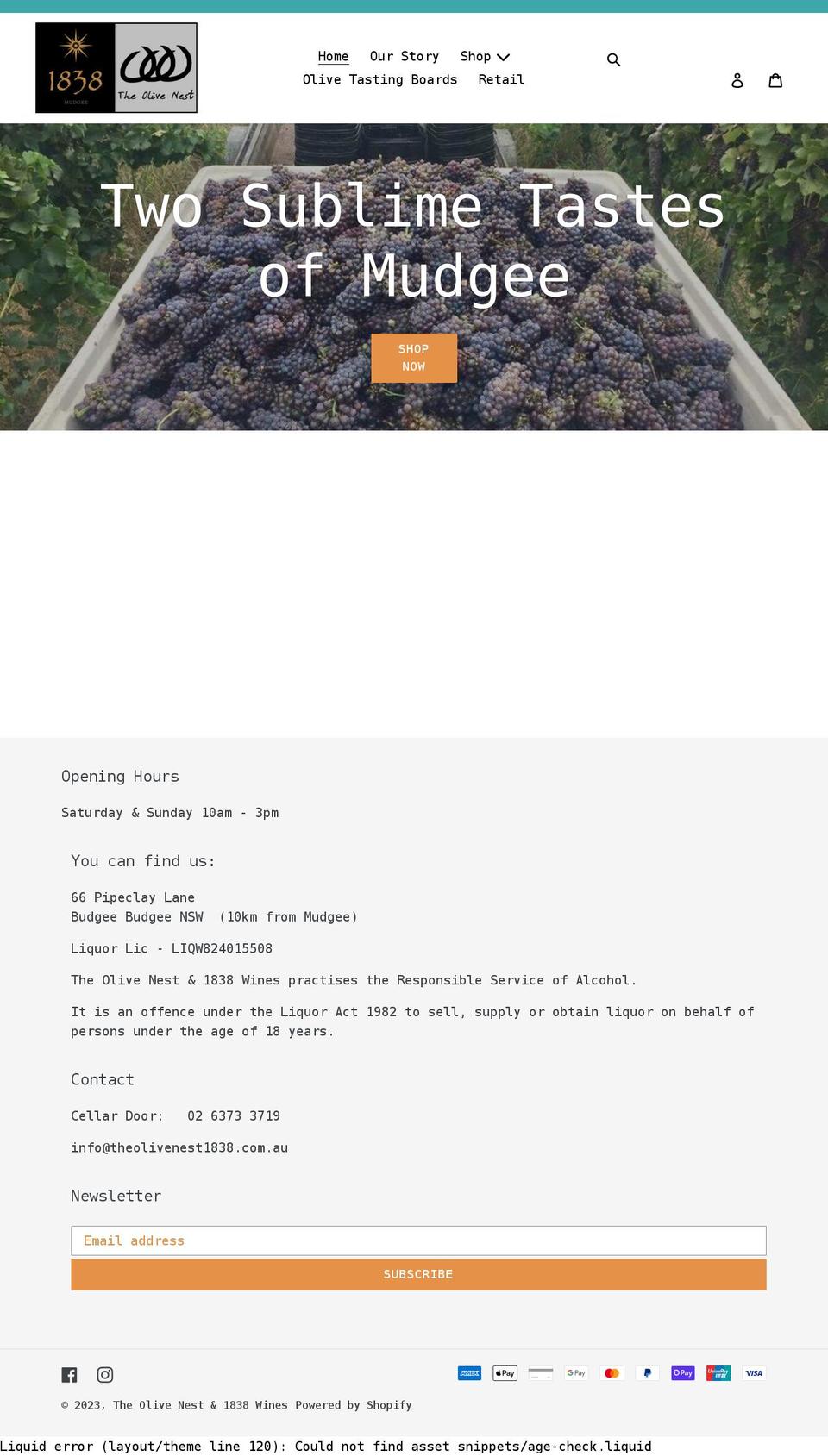 theolivenestand1838wines.com.au shopify website screenshot