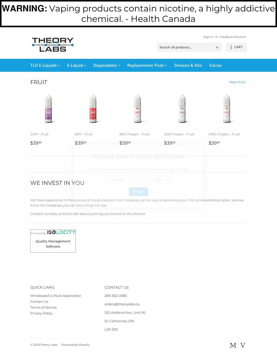 theorylabs.ca shopify website screenshot