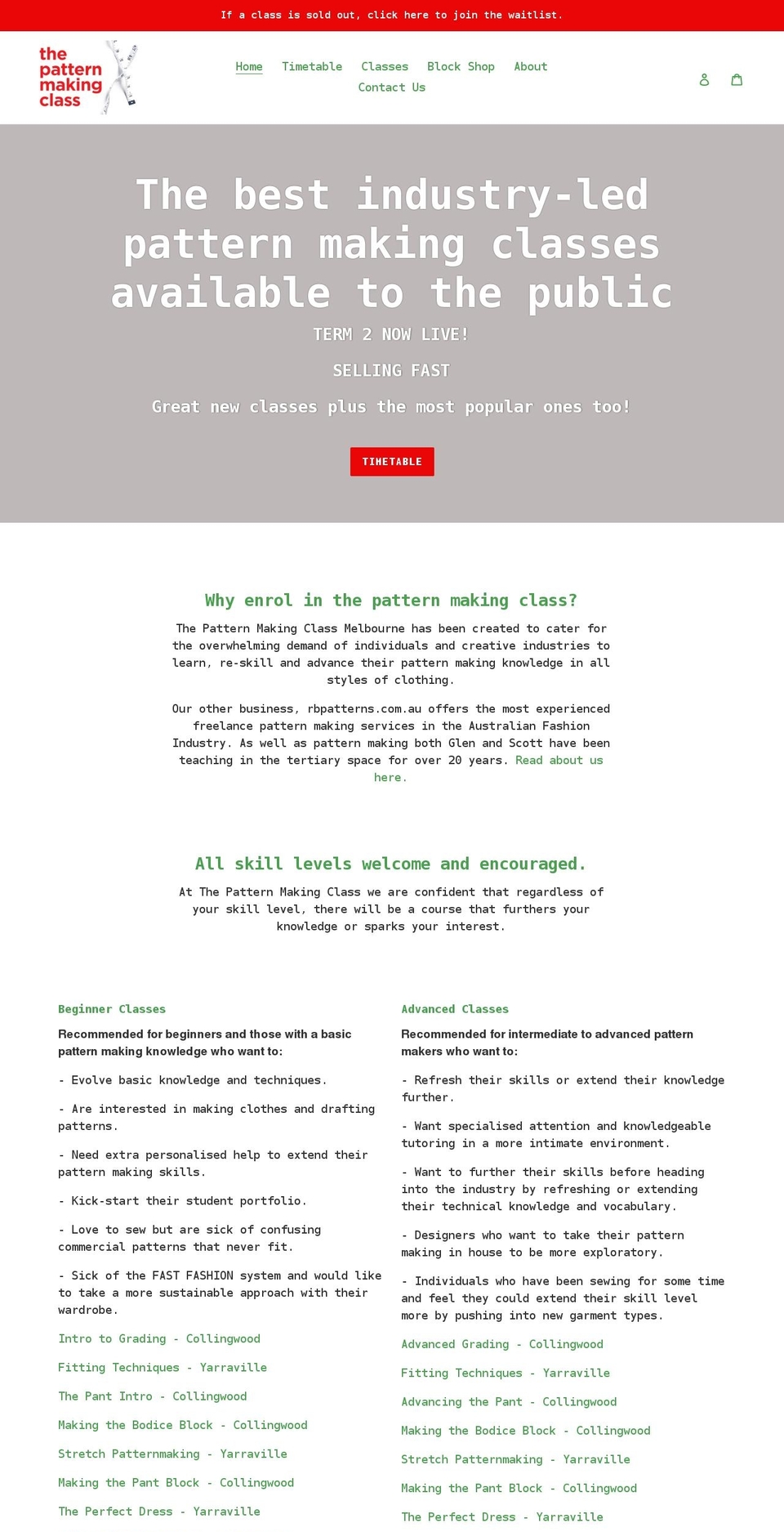 thepatternmakingclass.com shopify website screenshot