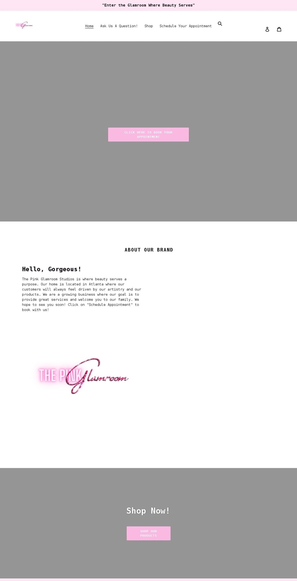 thepinkglamroomstudios.com shopify website screenshot