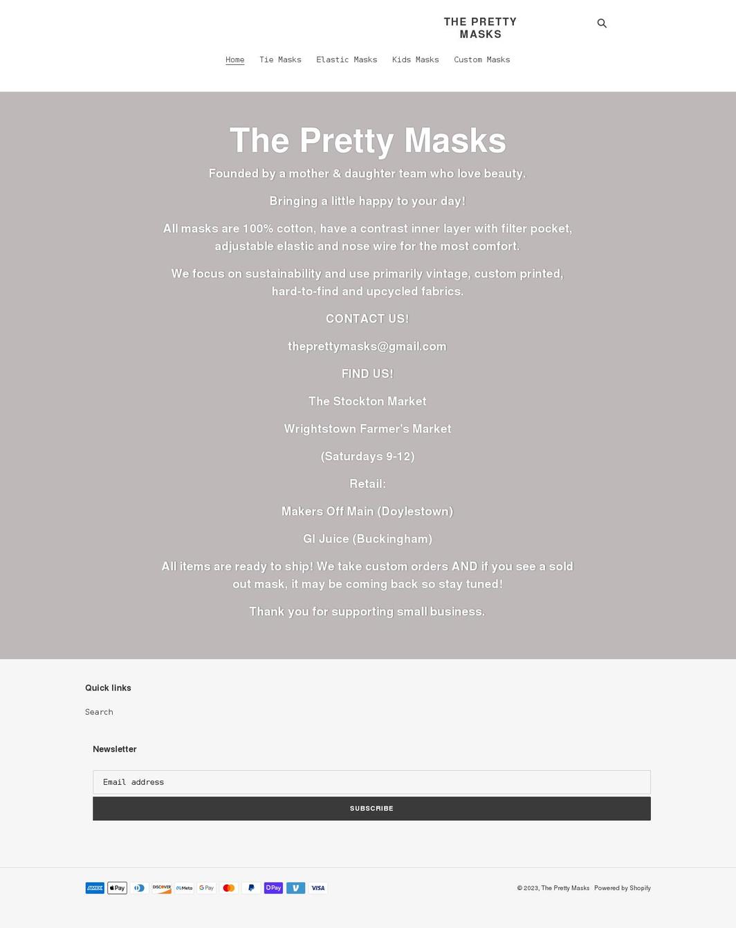 theprettymasks.com shopify website screenshot