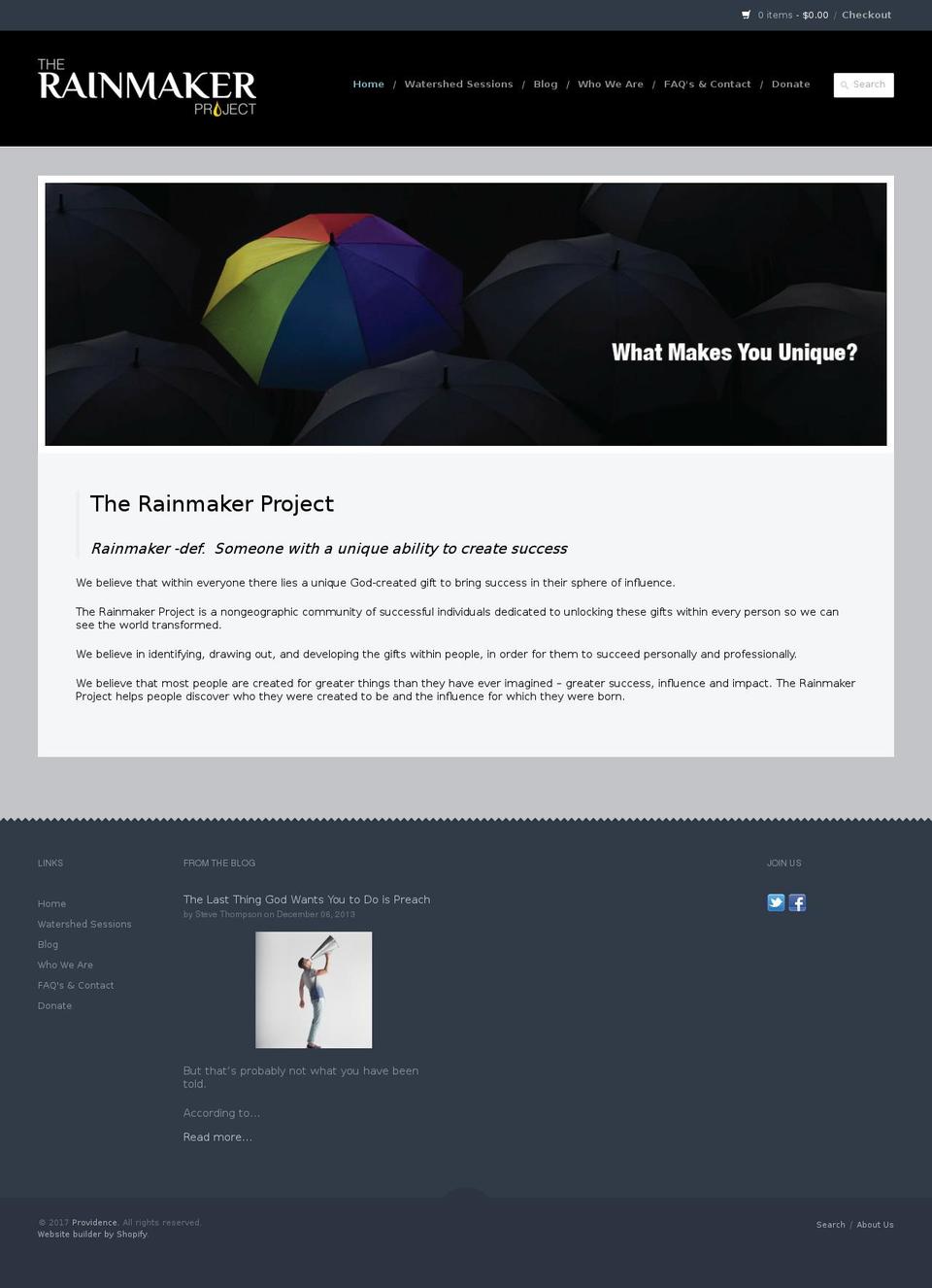 upload Shopify theme site example therainmakerproject.com