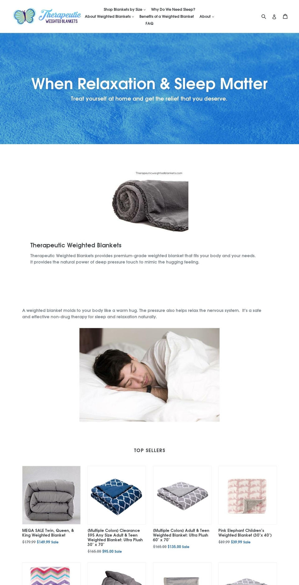 therapeuticweightedblankets.com shopify website screenshot