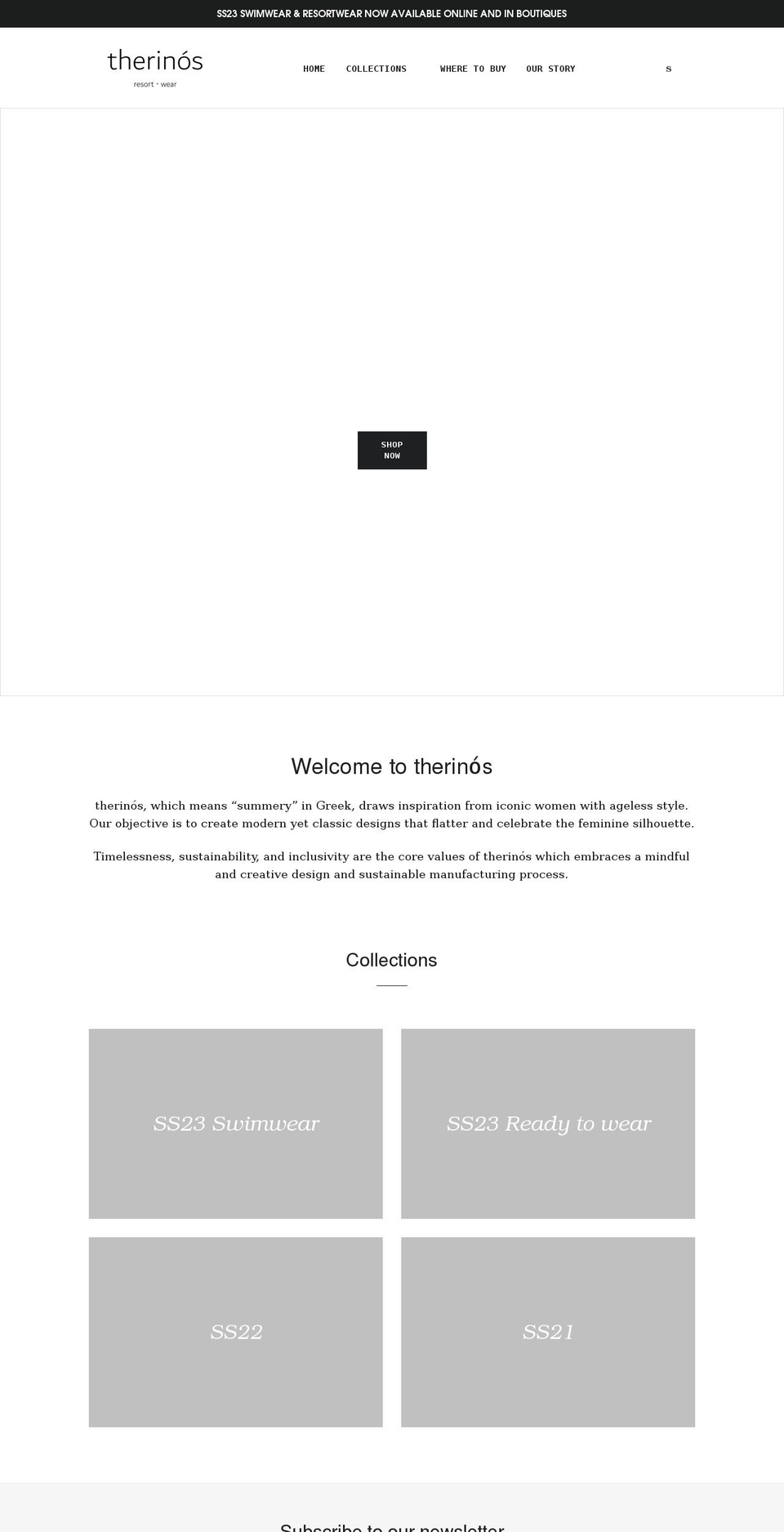 therinos-resort-wear.com shopify website screenshot