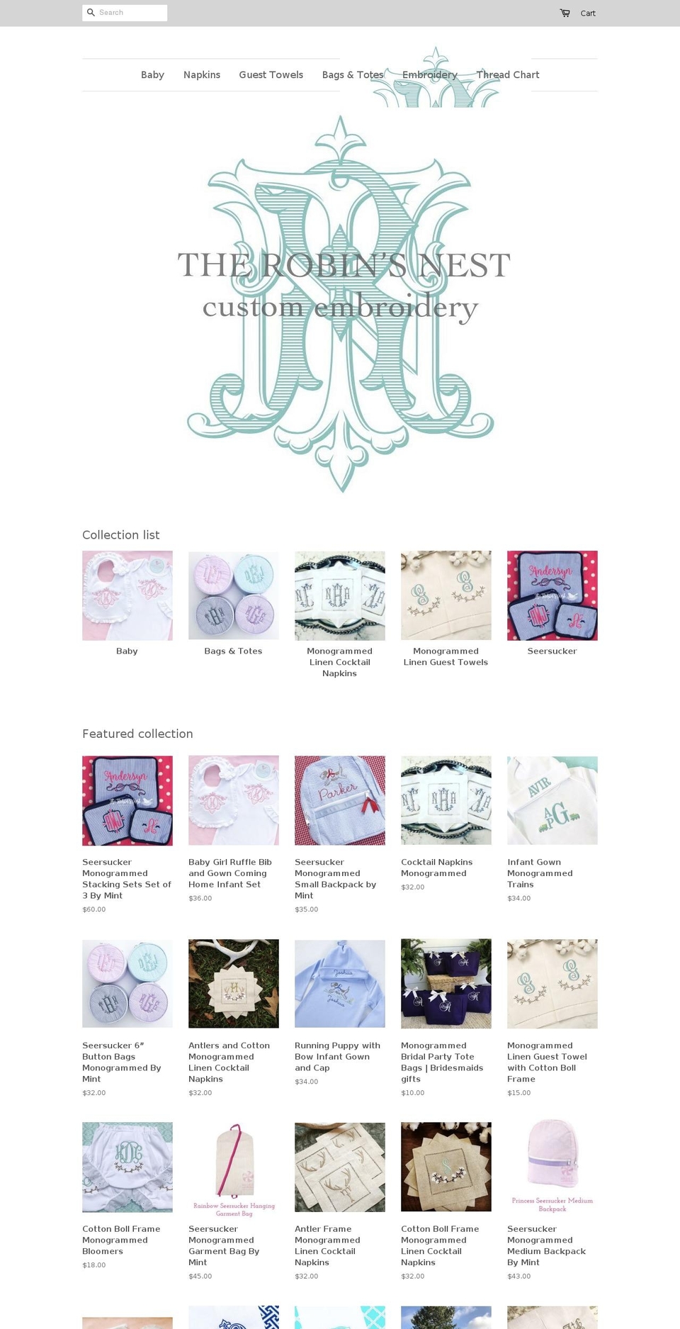 therobinsnestembroidery.com shopify website screenshot