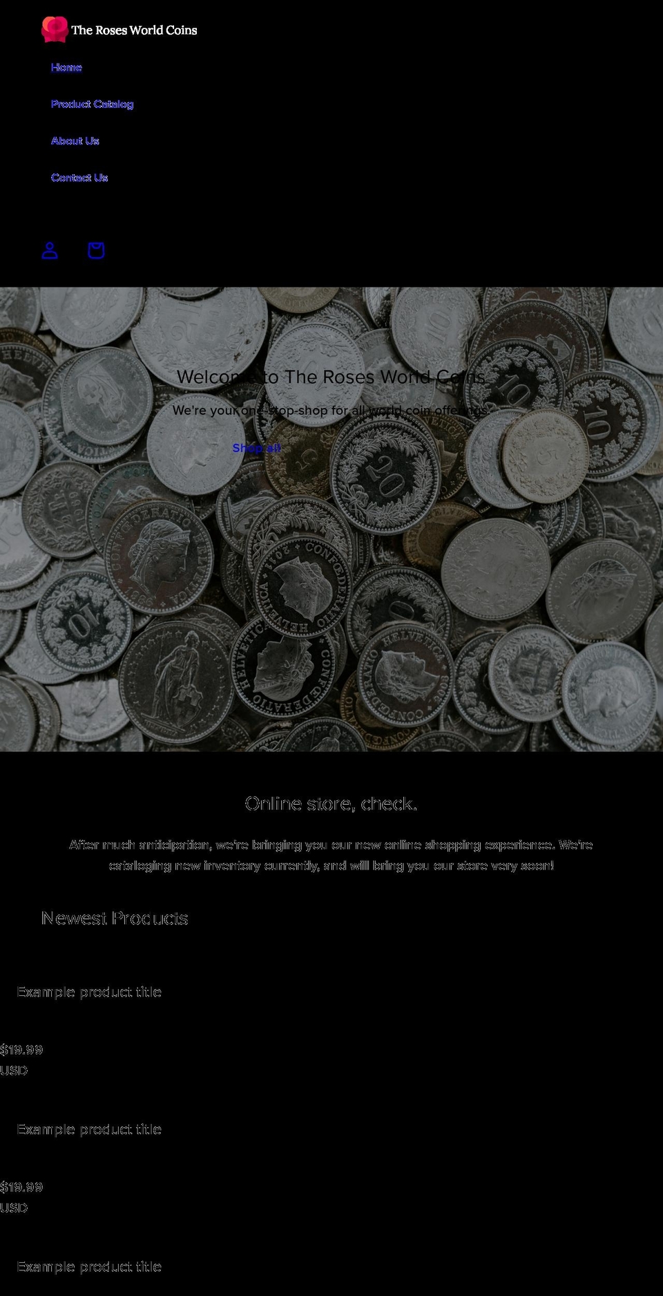 therosesworldcoins.com shopify website screenshot