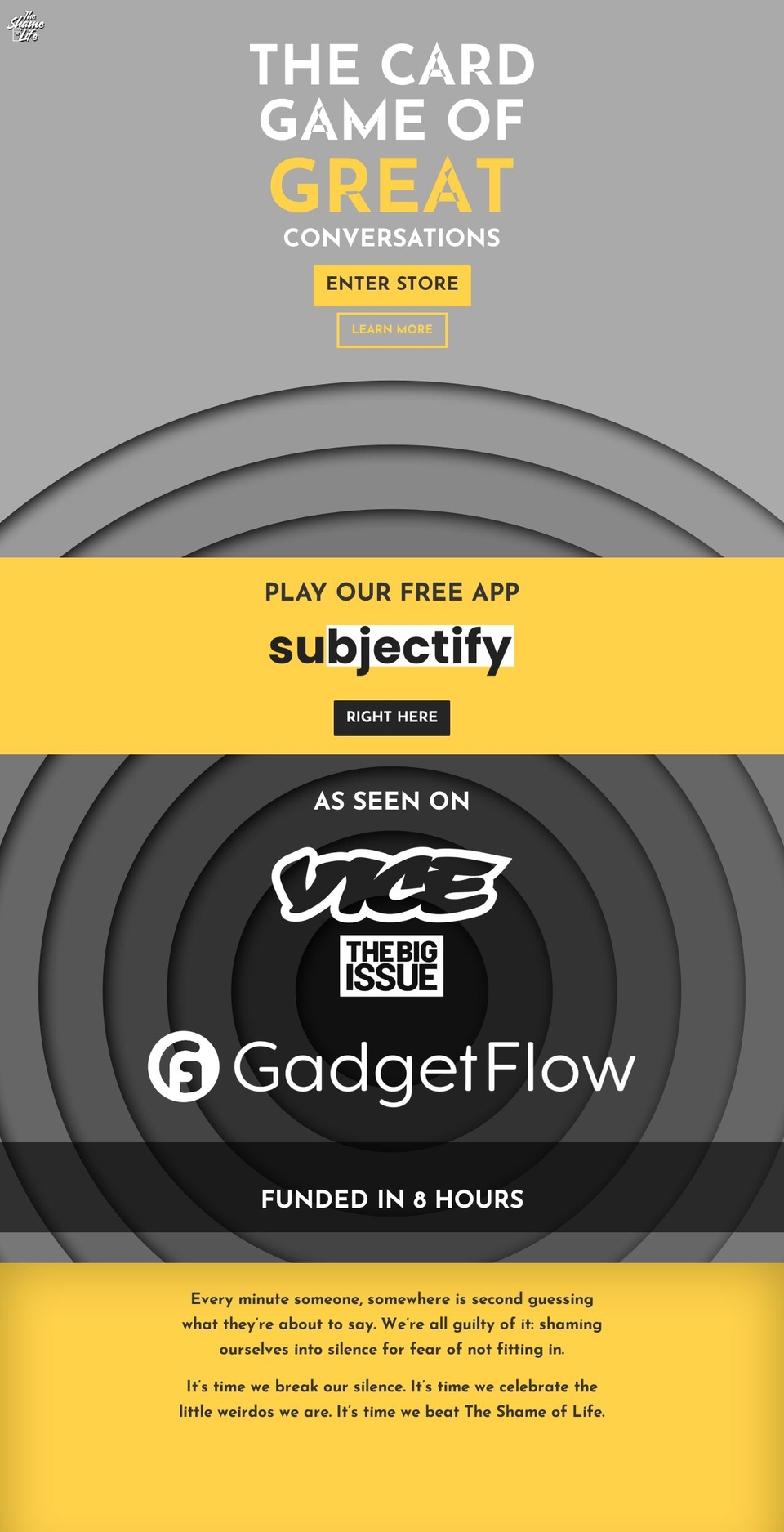 theshameoflife.com shopify website screenshot