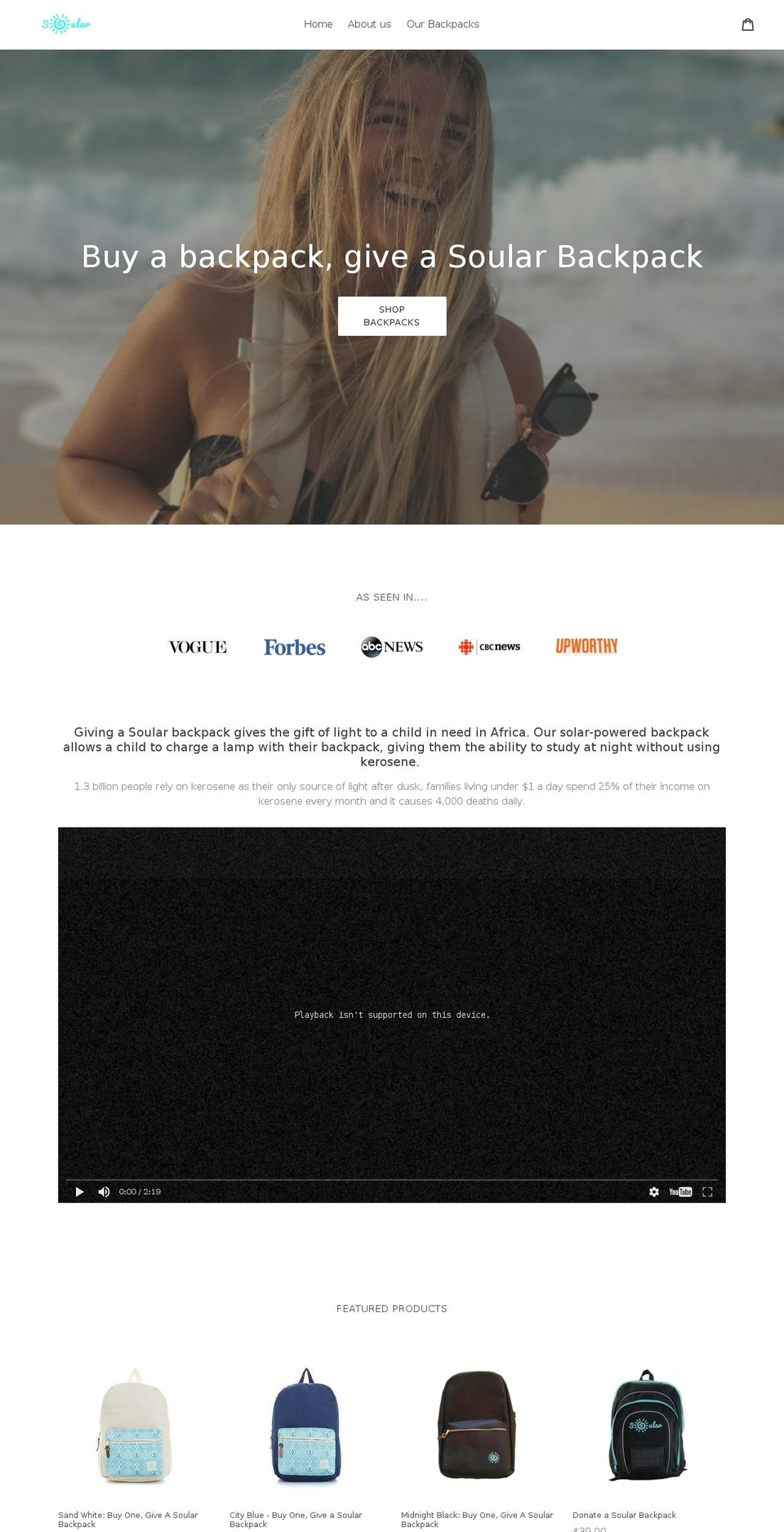 thesoularbackpack.com shopify website screenshot