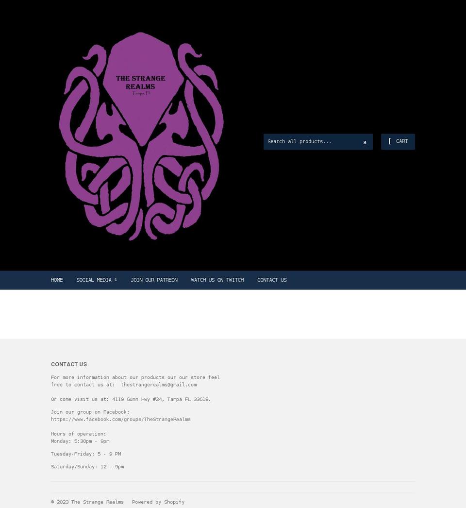 thestrangerealms.com shopify website screenshot