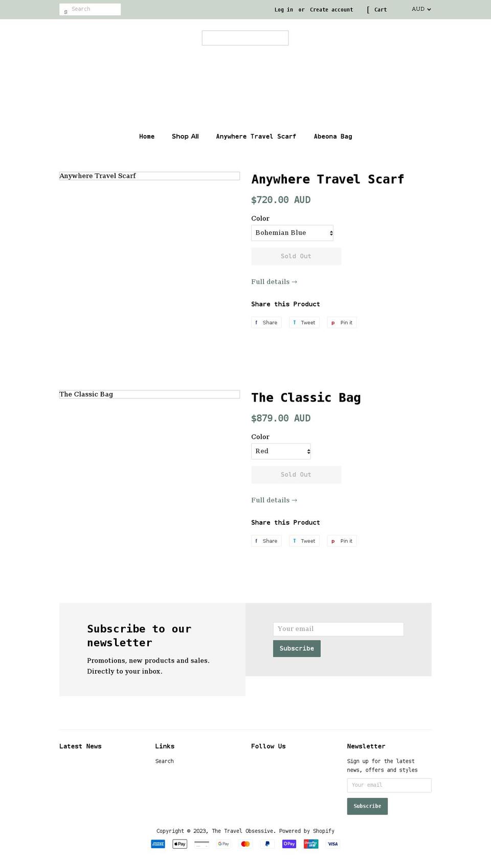 thetravelobsessive.shop shopify website screenshot