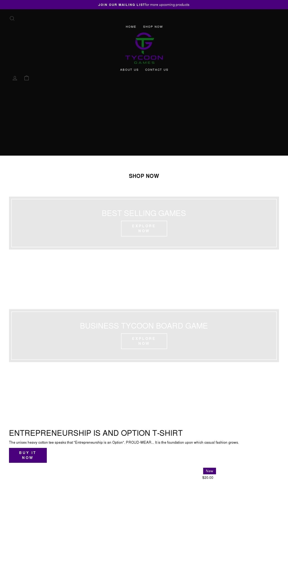 thetycoongames.com shopify website screenshot