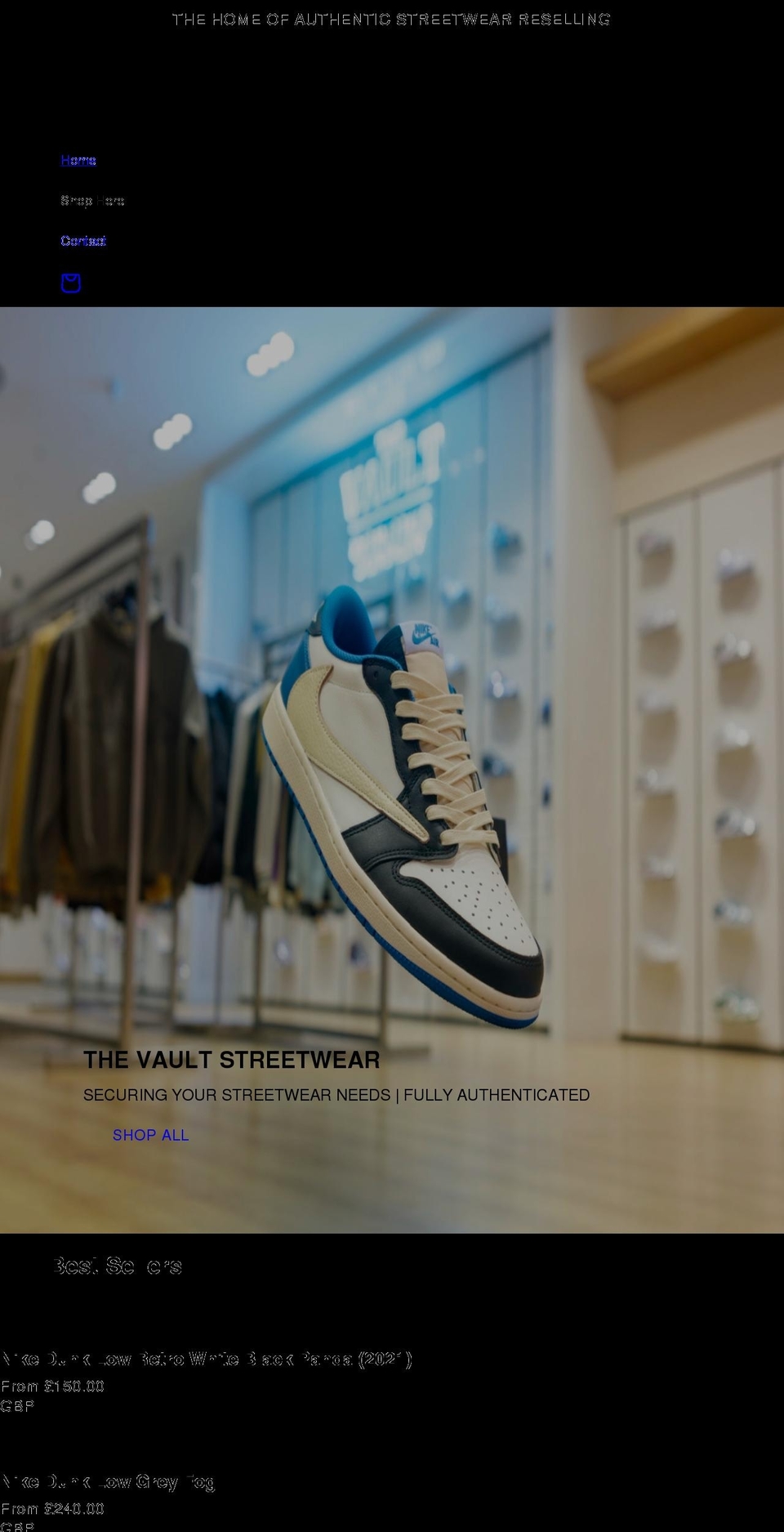 thevaultstreetwear.co.uk shopify website screenshot