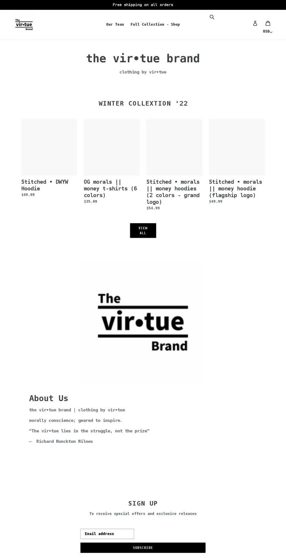 thevirtuebrand.com shopify website screenshot