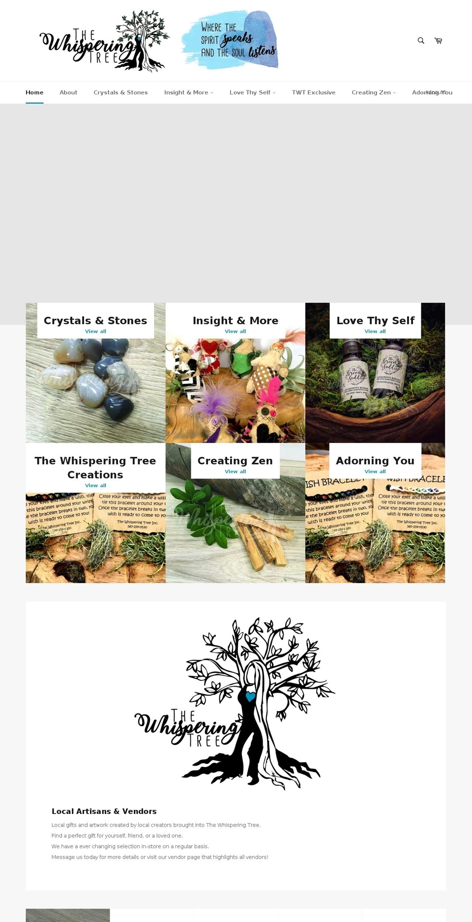 thewhisperingtreeinc.com — Shopify storefront screenshot
