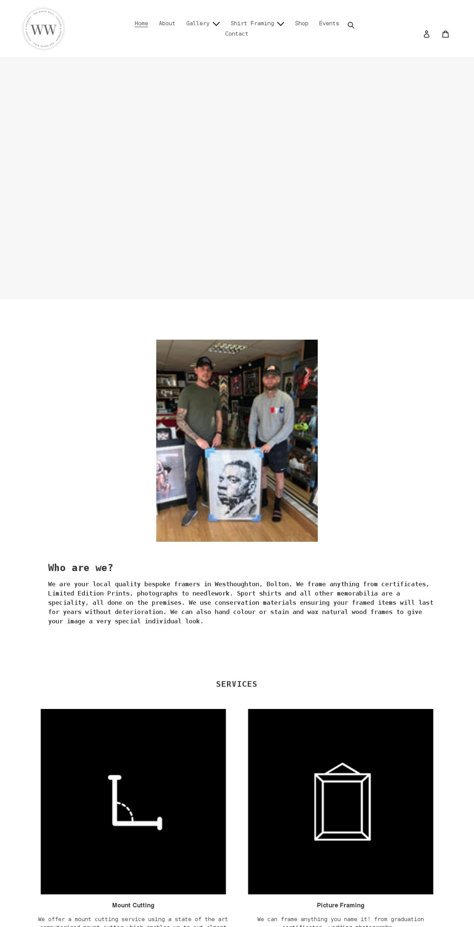 thewhitewallgalleryandframers.com shopify website screenshot