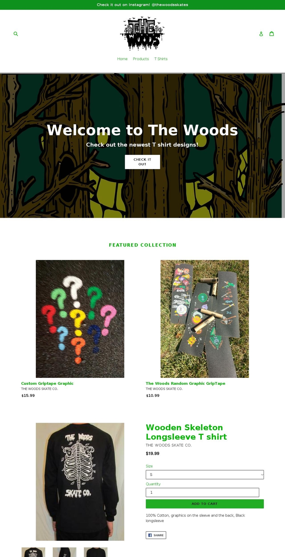 thewoodsskateco.com — Shopify storefront screenshot