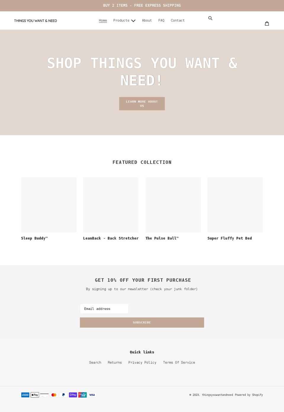 thingsyouwantandneed.com shopify website screenshot