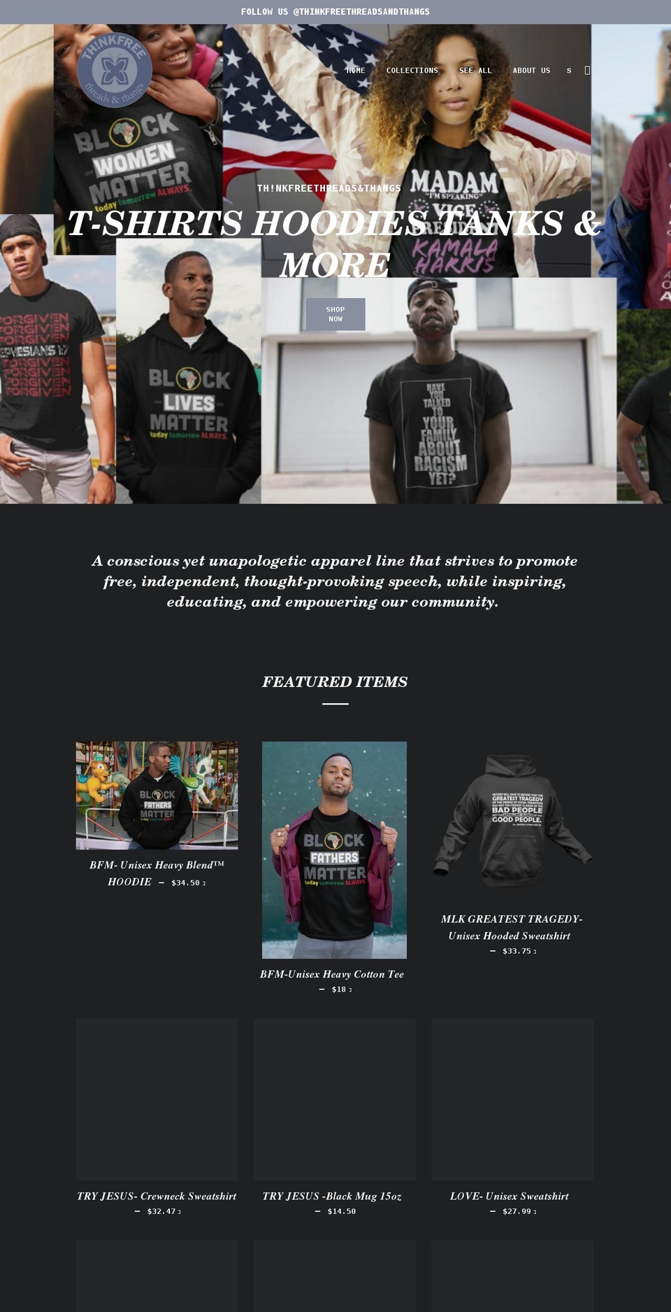 thinkfreethreadsandthangs.com shopify website screenshot