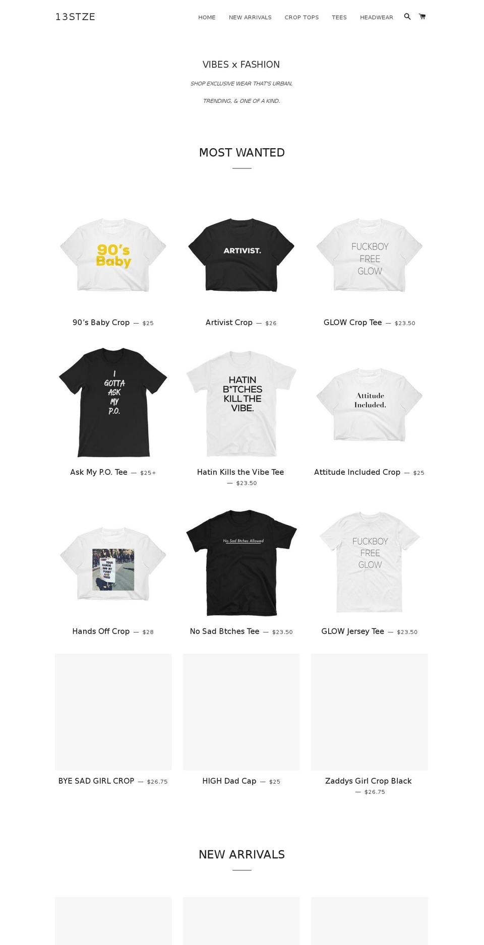 thirteenstze.com — Shopify storefront screenshot