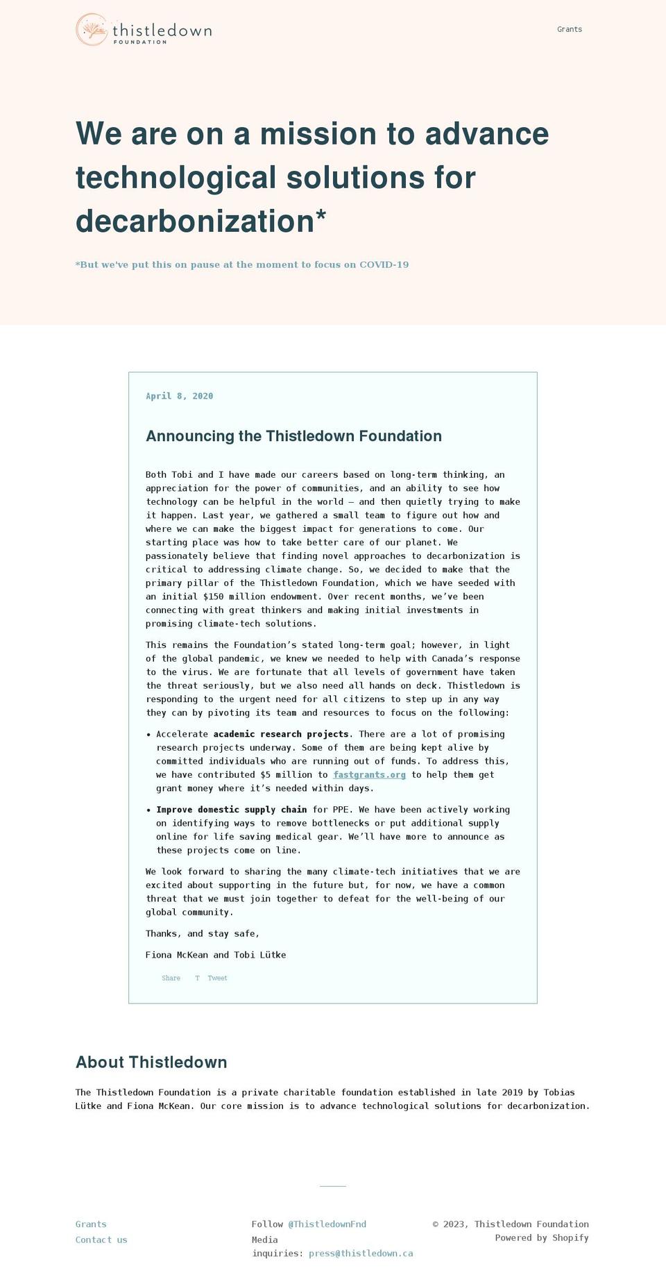 thistledown.ca shopify website screenshot