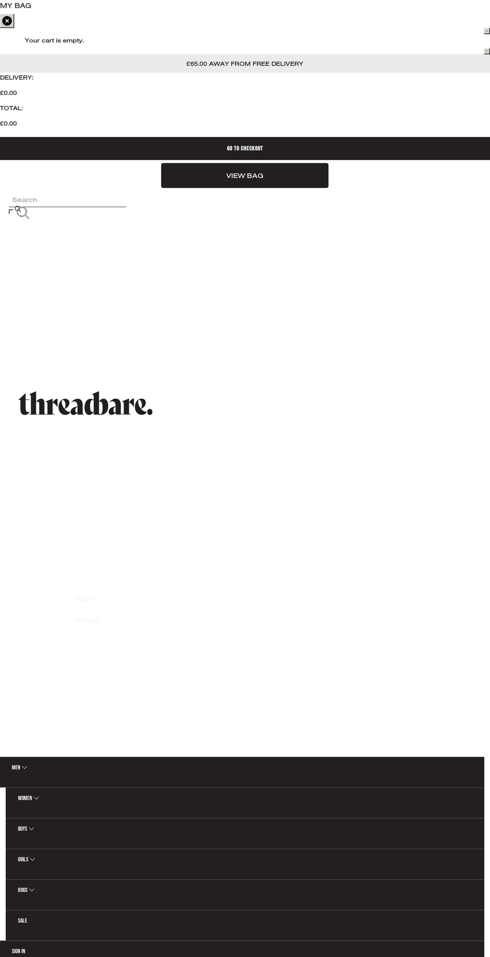 threadbare.com shopify website screenshot