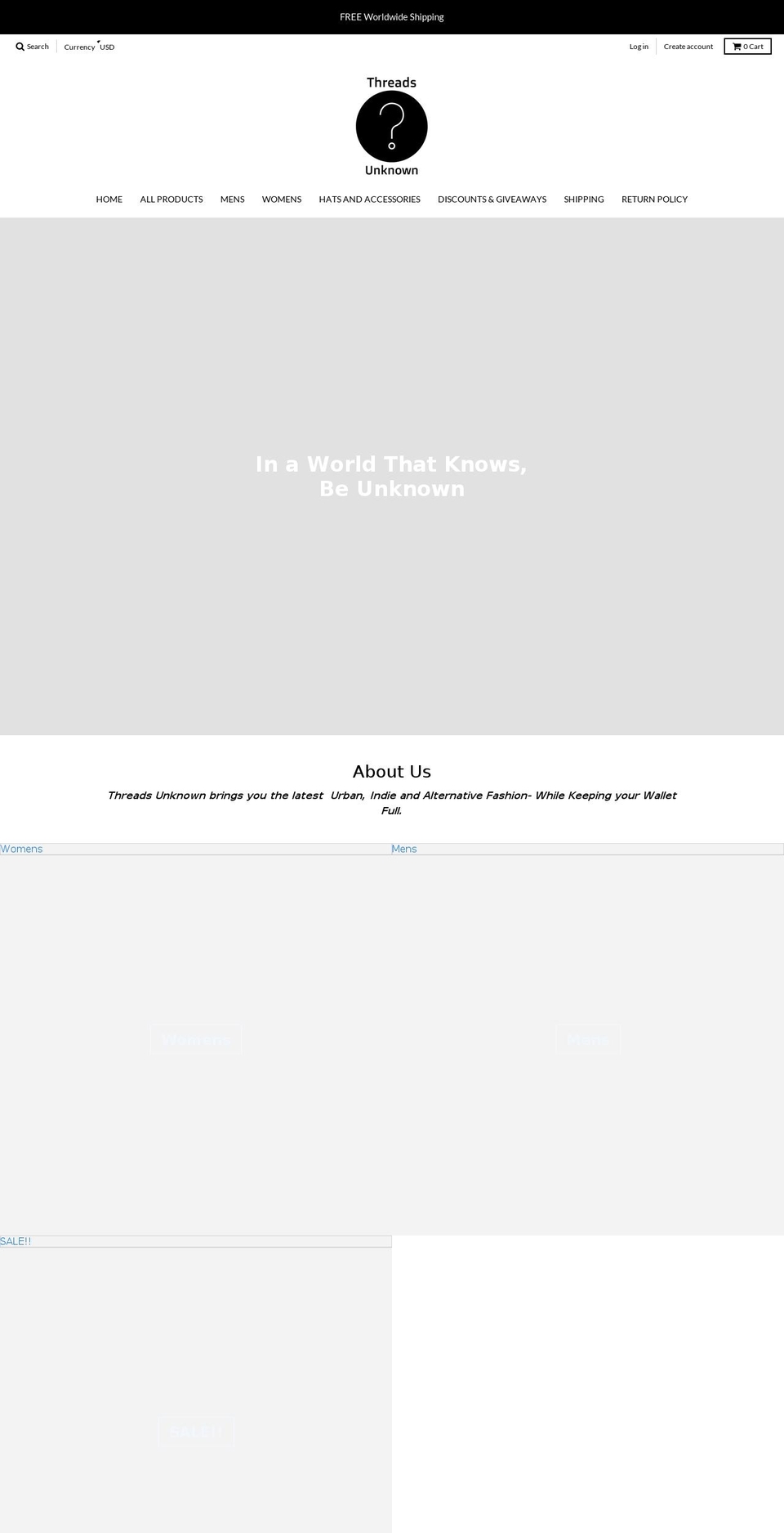threadsunknown.com — Shopify storefront screenshot