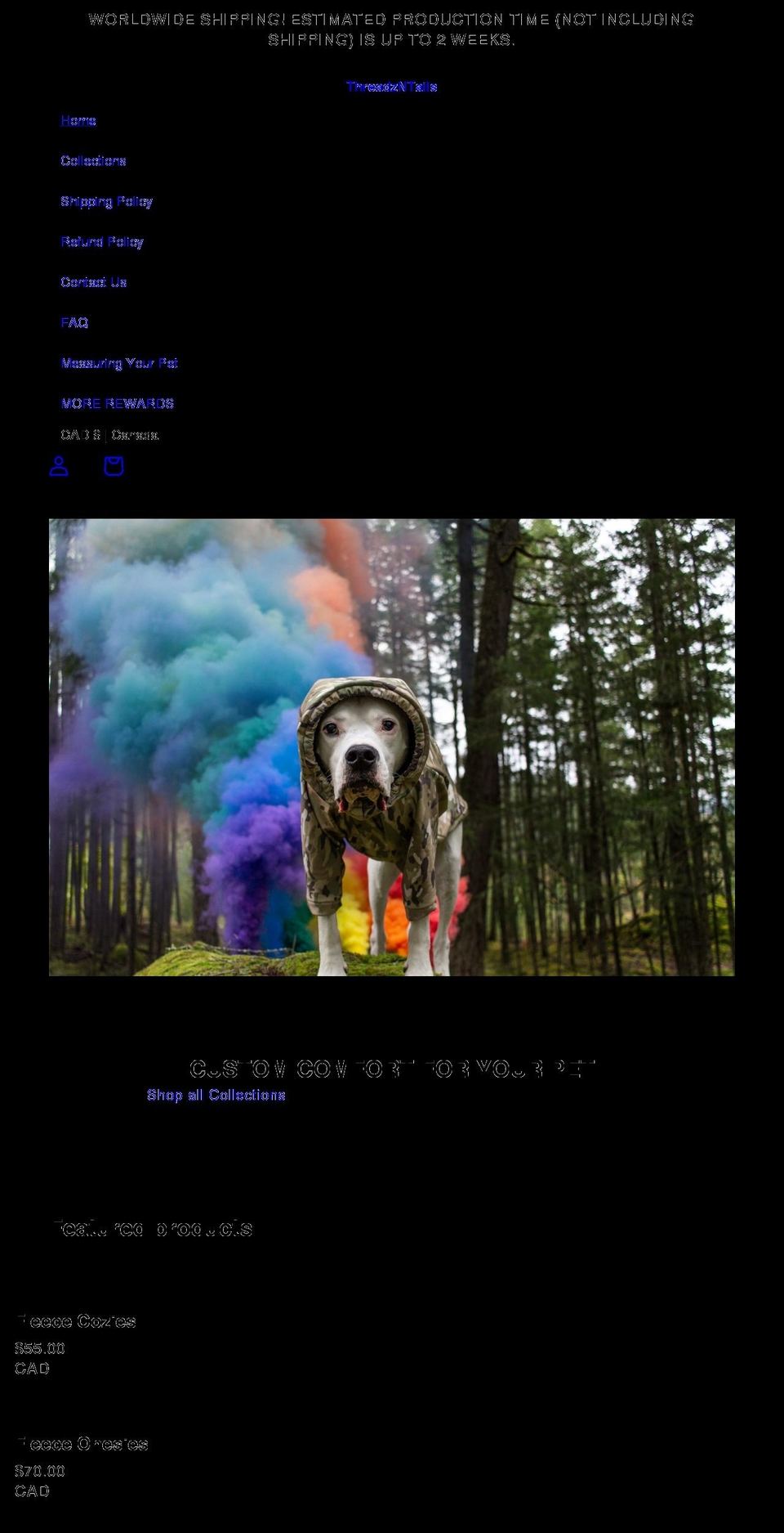 threadzntails.com shopify website screenshot