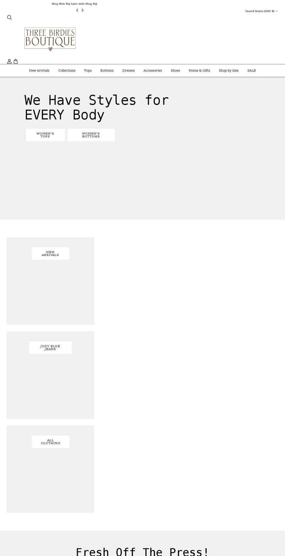 threebirdiesboutique.com shopify website screenshot