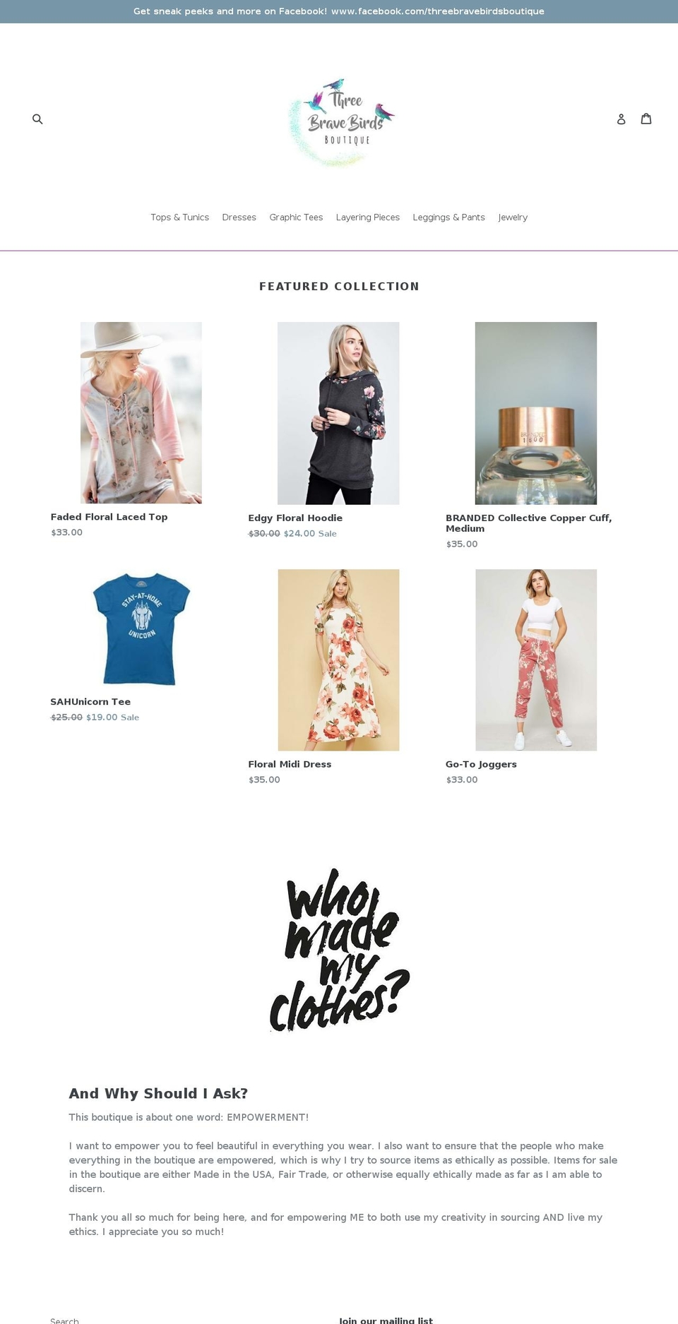 threebravebirds.com — Shopify storefront screenshot