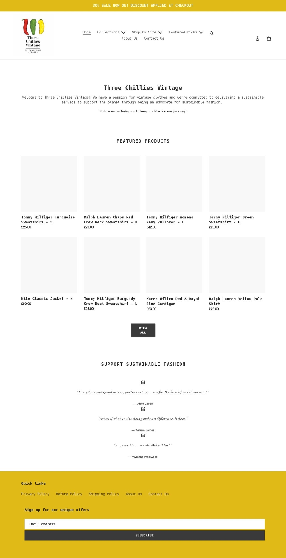 threechilliesvintage.com shopify website screenshot