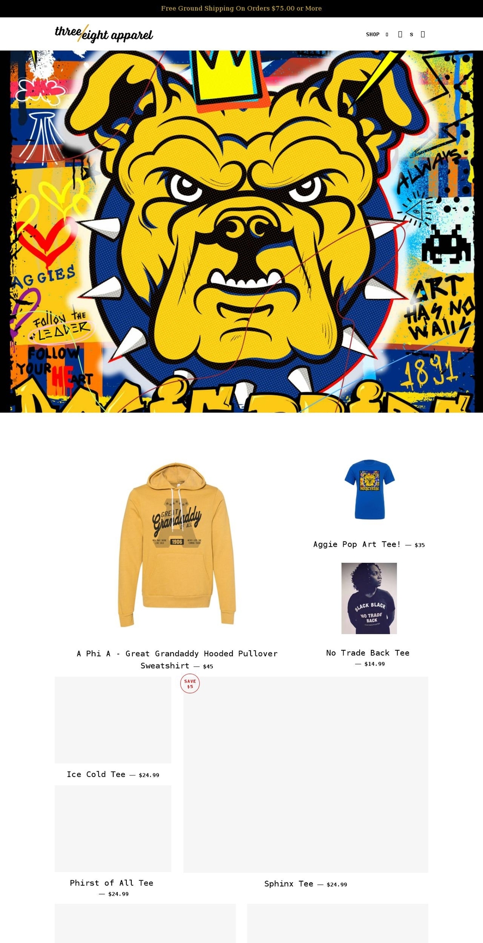 threeeightapparel.com shopify website screenshot