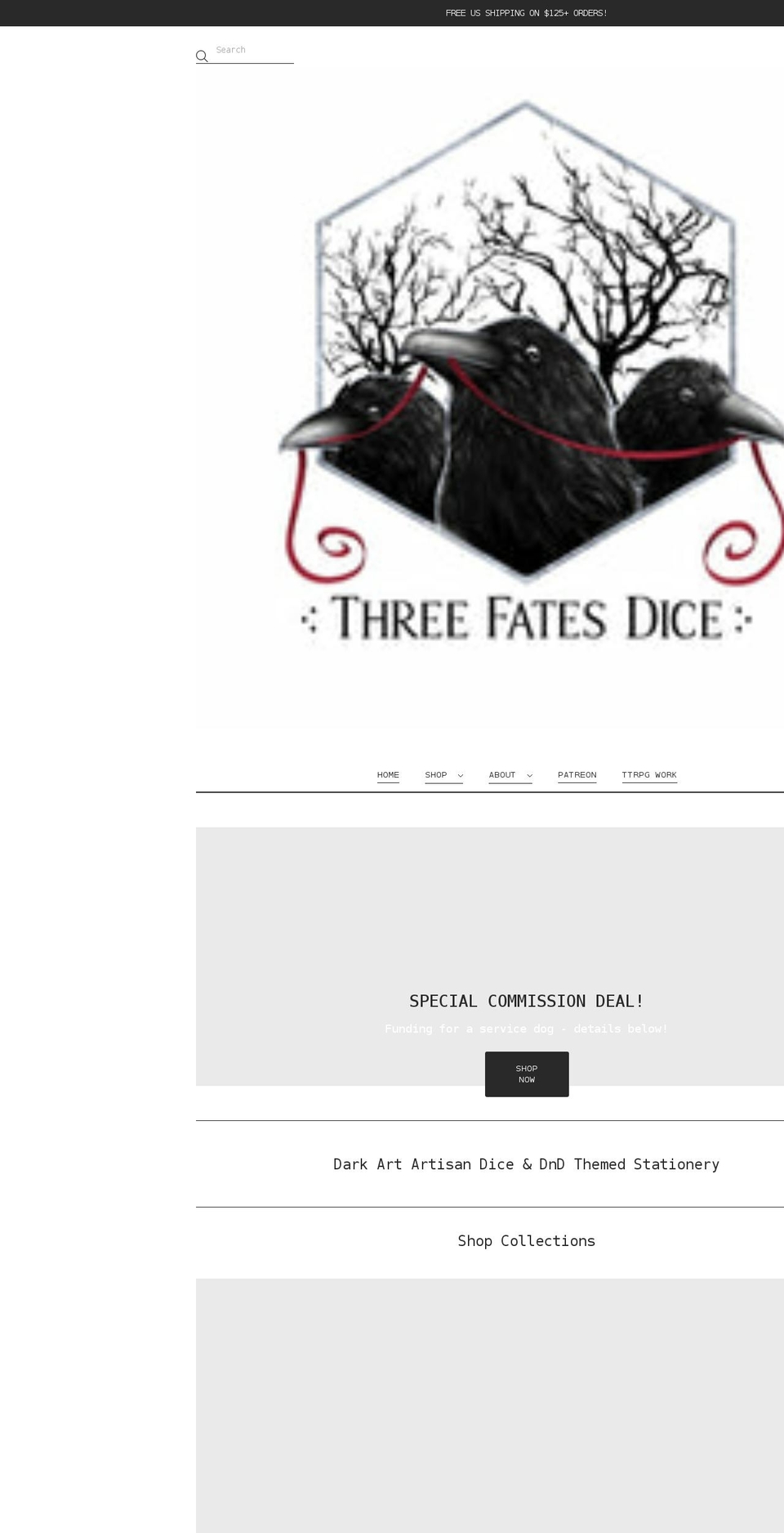 threefatesdice.com shopify website screenshot