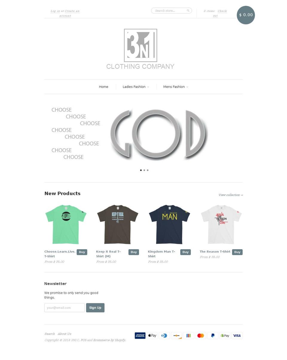 threeinoneclothing.com — Shopify storefront screenshot