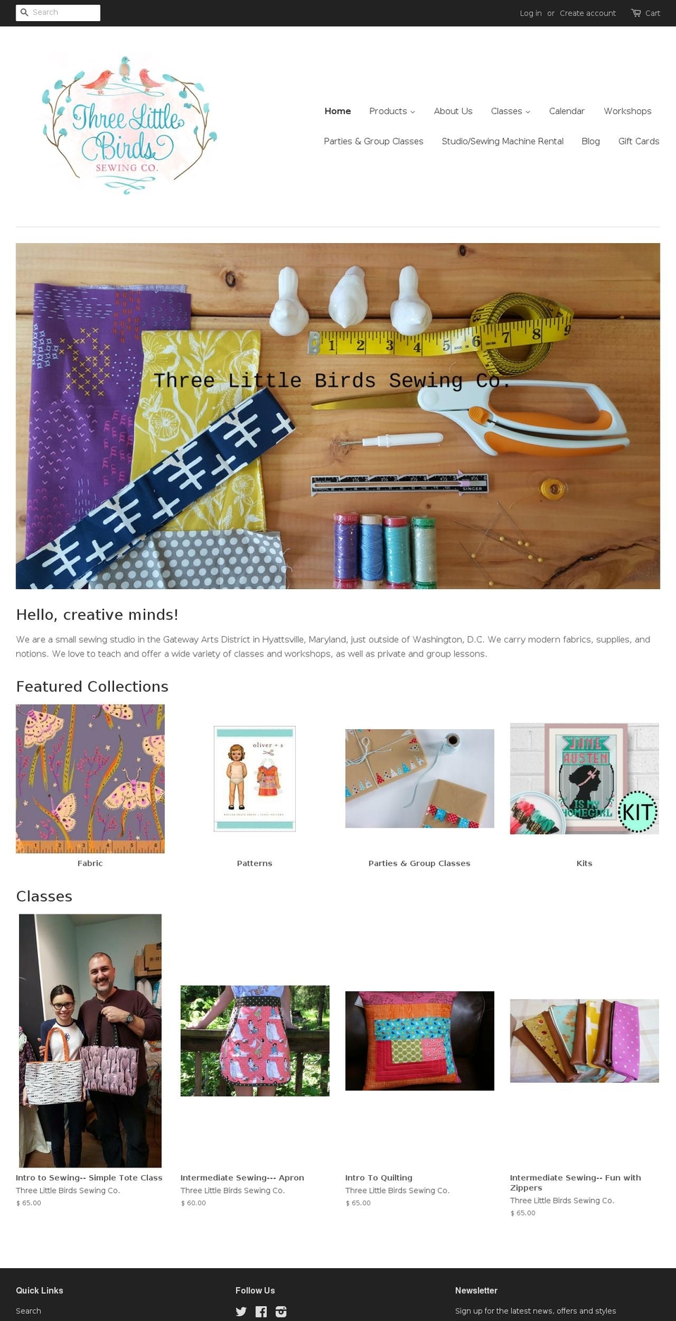 threelittlebirdssewingco.com shopify website screenshot