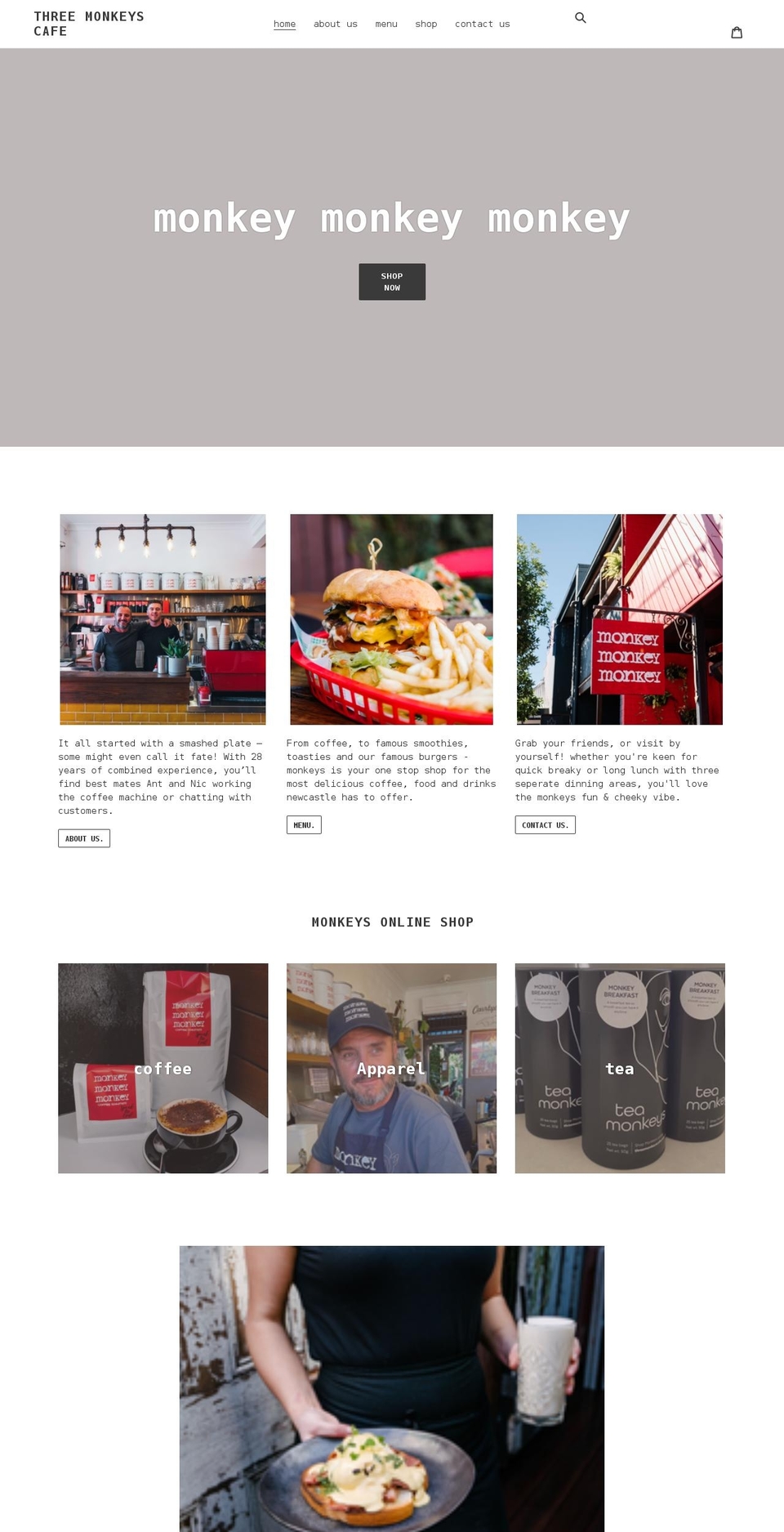 threemonkeyscafe.com.au shopify website screenshot
