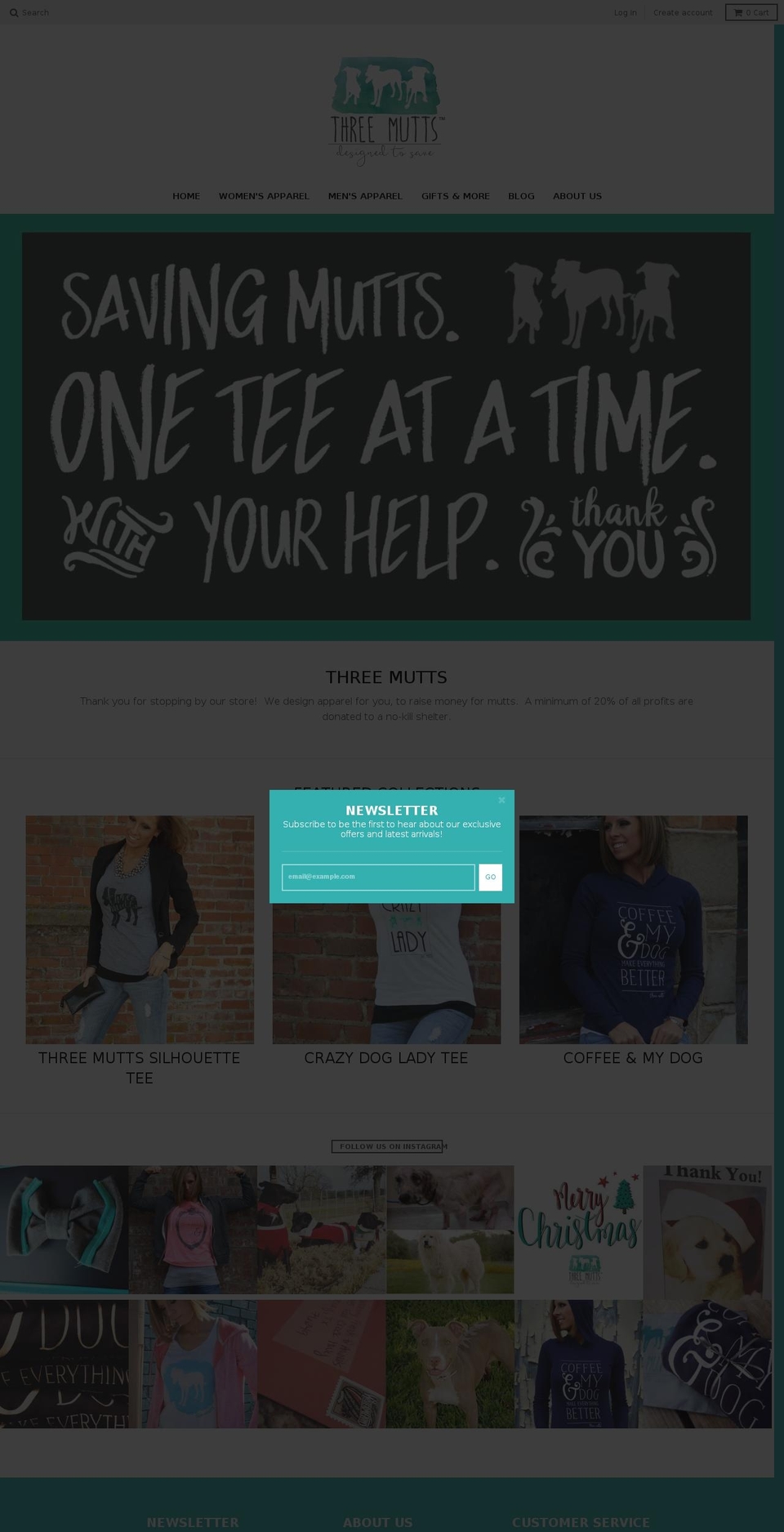 threemutts.net shopify website screenshot