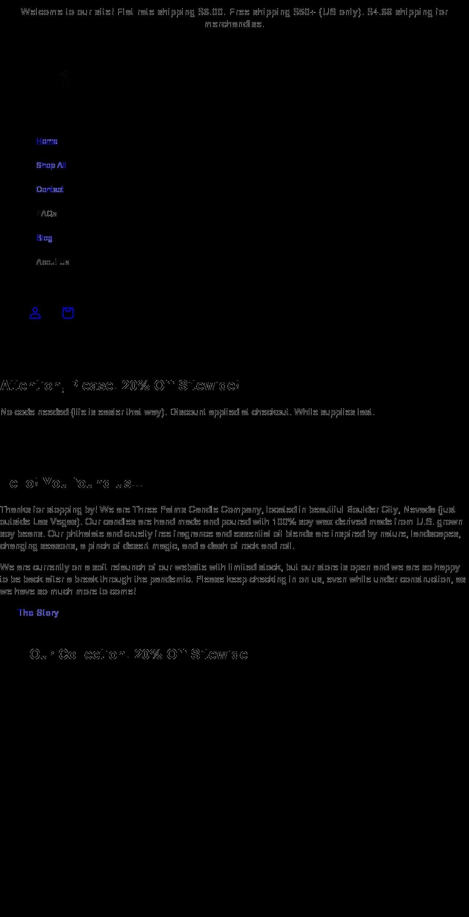 threepalmscandleco.com shopify website screenshot